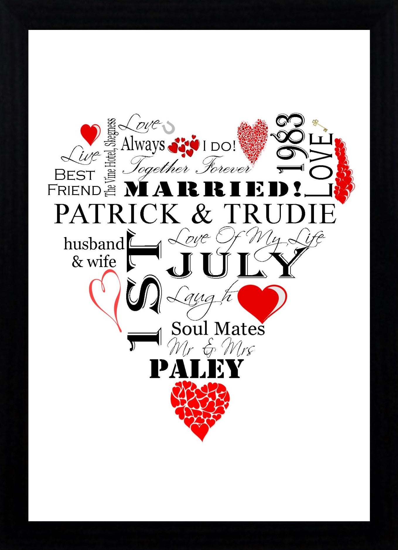 Personalised Red "Wedding Heart" Celebration Word Art A4 Print for Wedding Gift Present, Anniversary Or Engagement. Print Only or in a Frame Choice