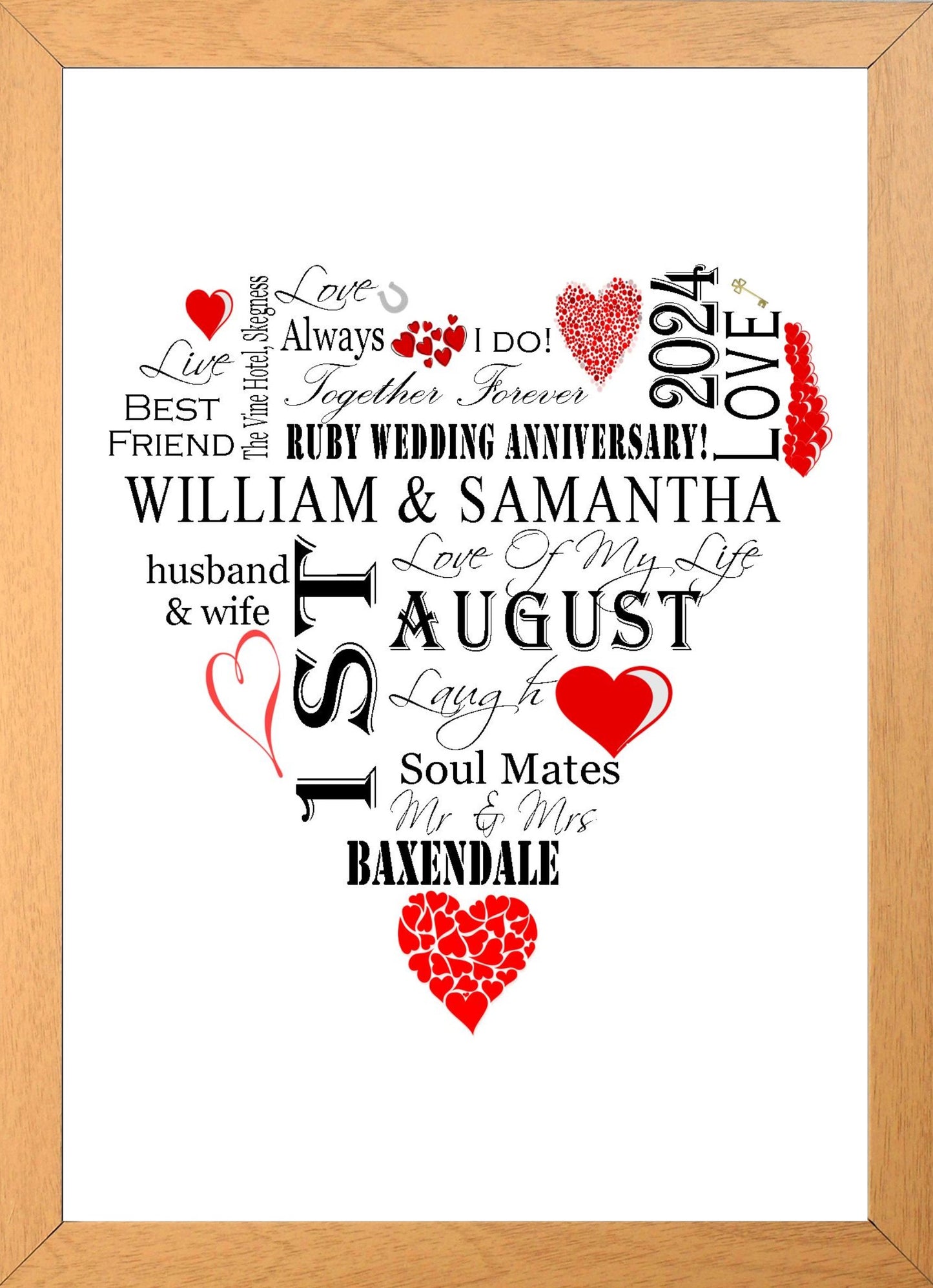 Personalised Red "Wedding Heart" Celebration Word Art A4 Print for Wedding Gift Present, Anniversary Or Engagement. Print Only or in a Frame Choice