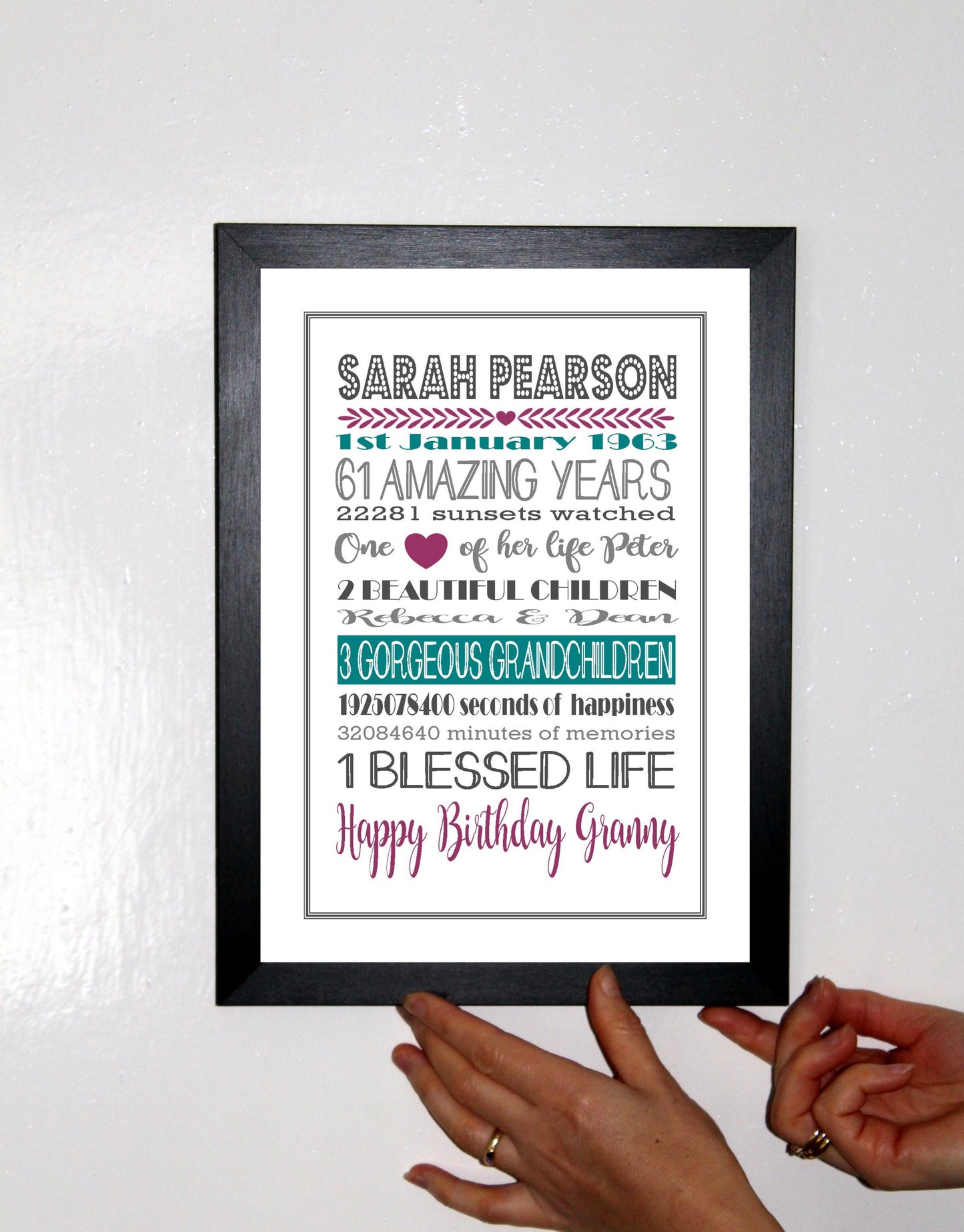 Personalised Amazing Years Memories Birthday Family Keepsake -Berry & Teal Print Sold as the Print Only or in a Choice of Frames