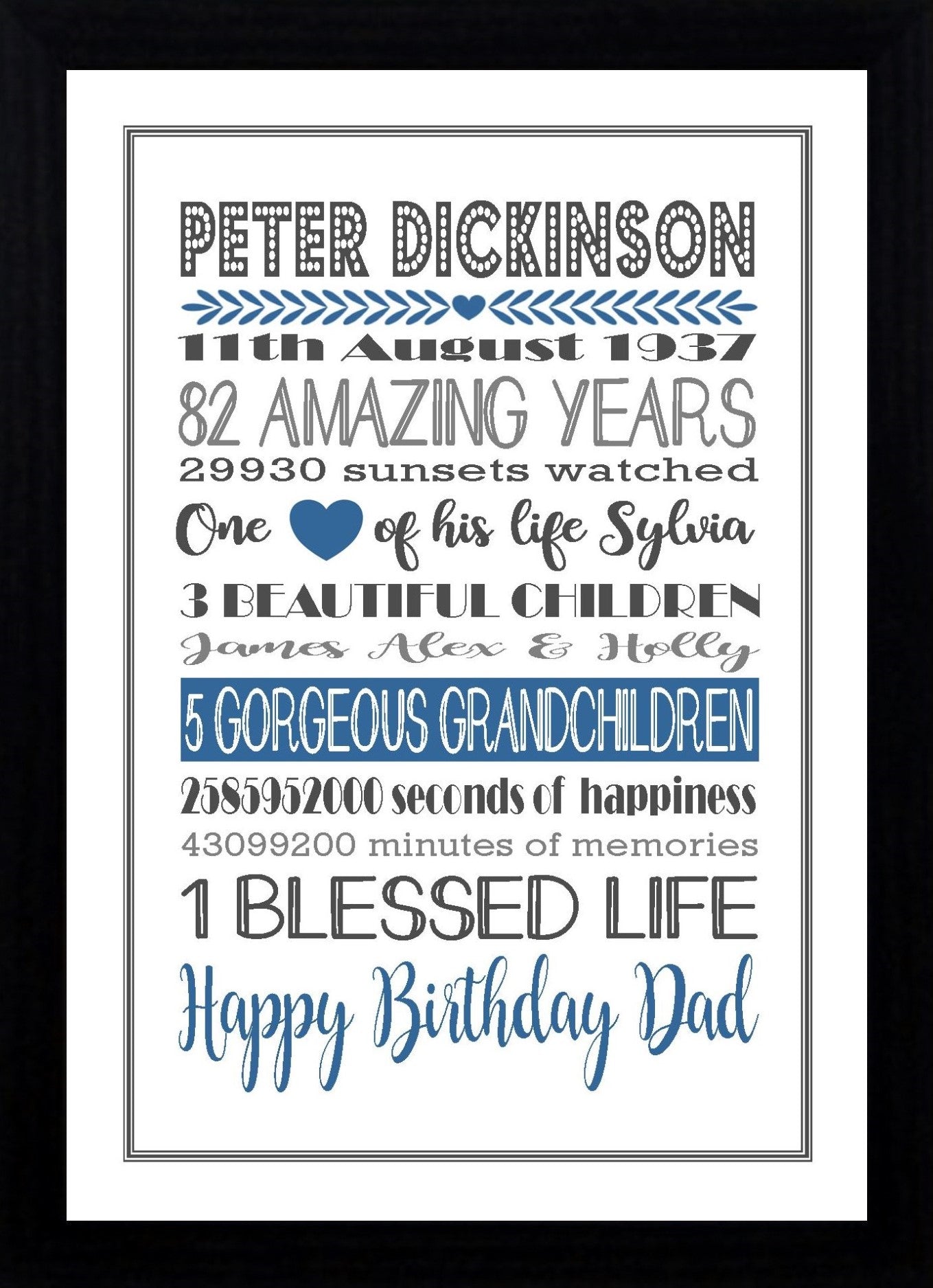 Personalised Amazing Years Memories Birthday Family Keepsake in Blue & Grey Print Sold as the Print Only or in a Choice of Frames