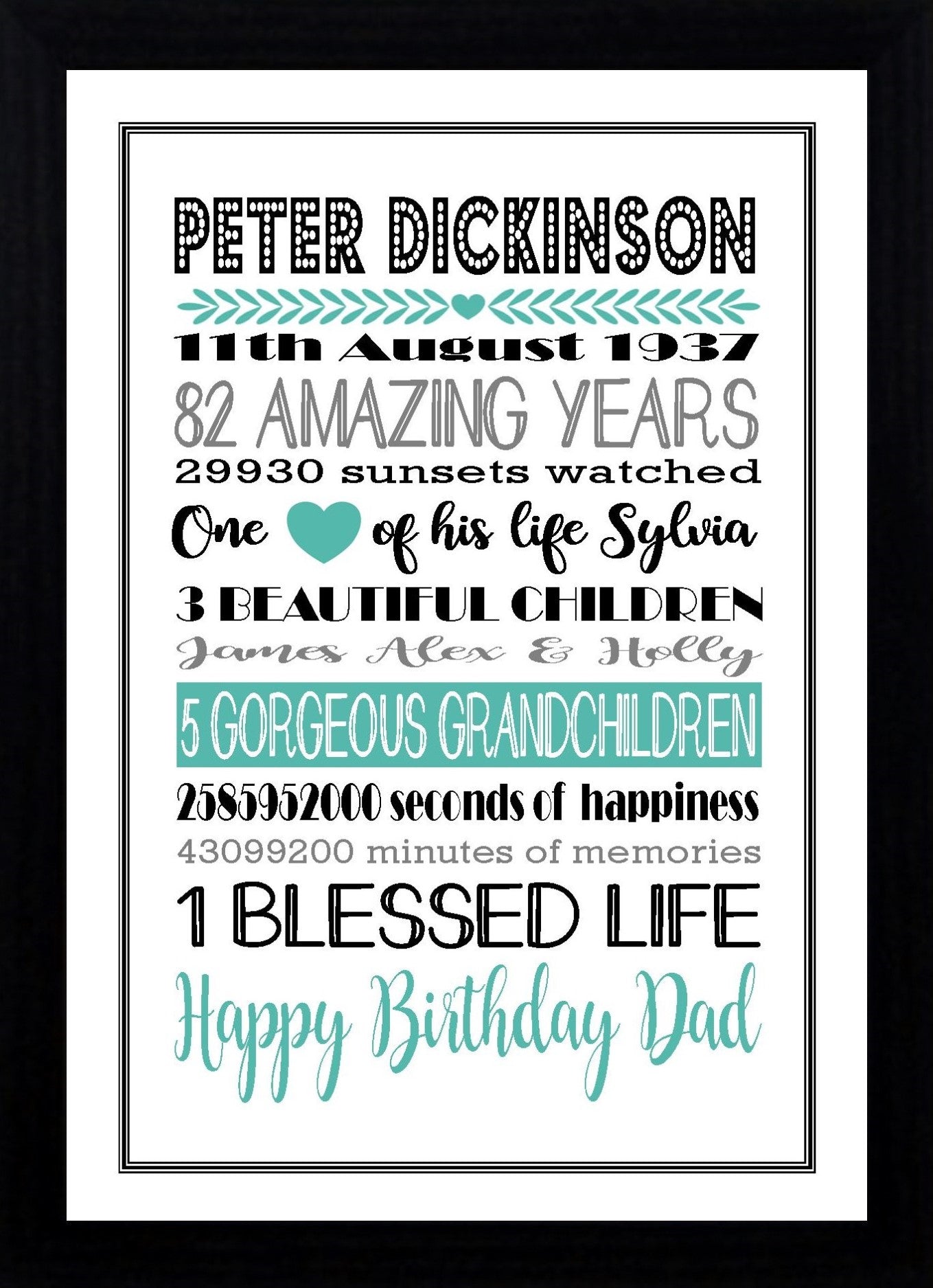 Personalised Amazing Years Memories Birthday Family Keepsake in Turquoise, Black & Grey Print Sold as the Print Only or in a Choice of Frames