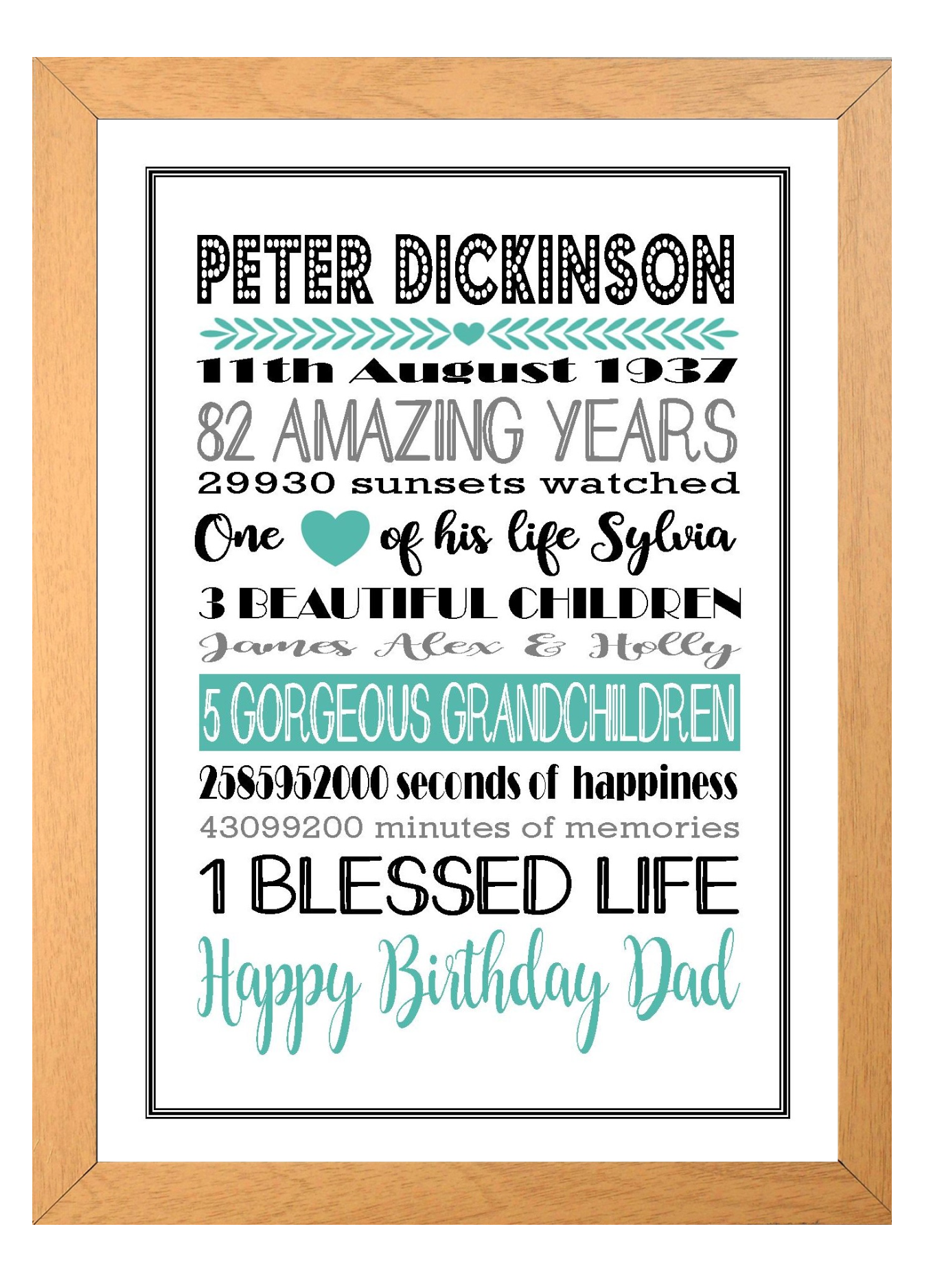 Personalised Amazing Years Memories Birthday Family Keepsake in Turquoise, Black & Grey Print Sold as the Print Only or in a Choice of Frames