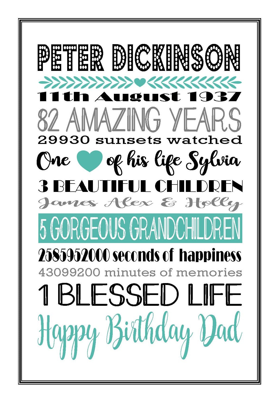 Personalised Amazing Years Memories Birthday Family Keepsake in Turquoise, Black & Grey Print Sold as the Print Only or in a Choice of Frames