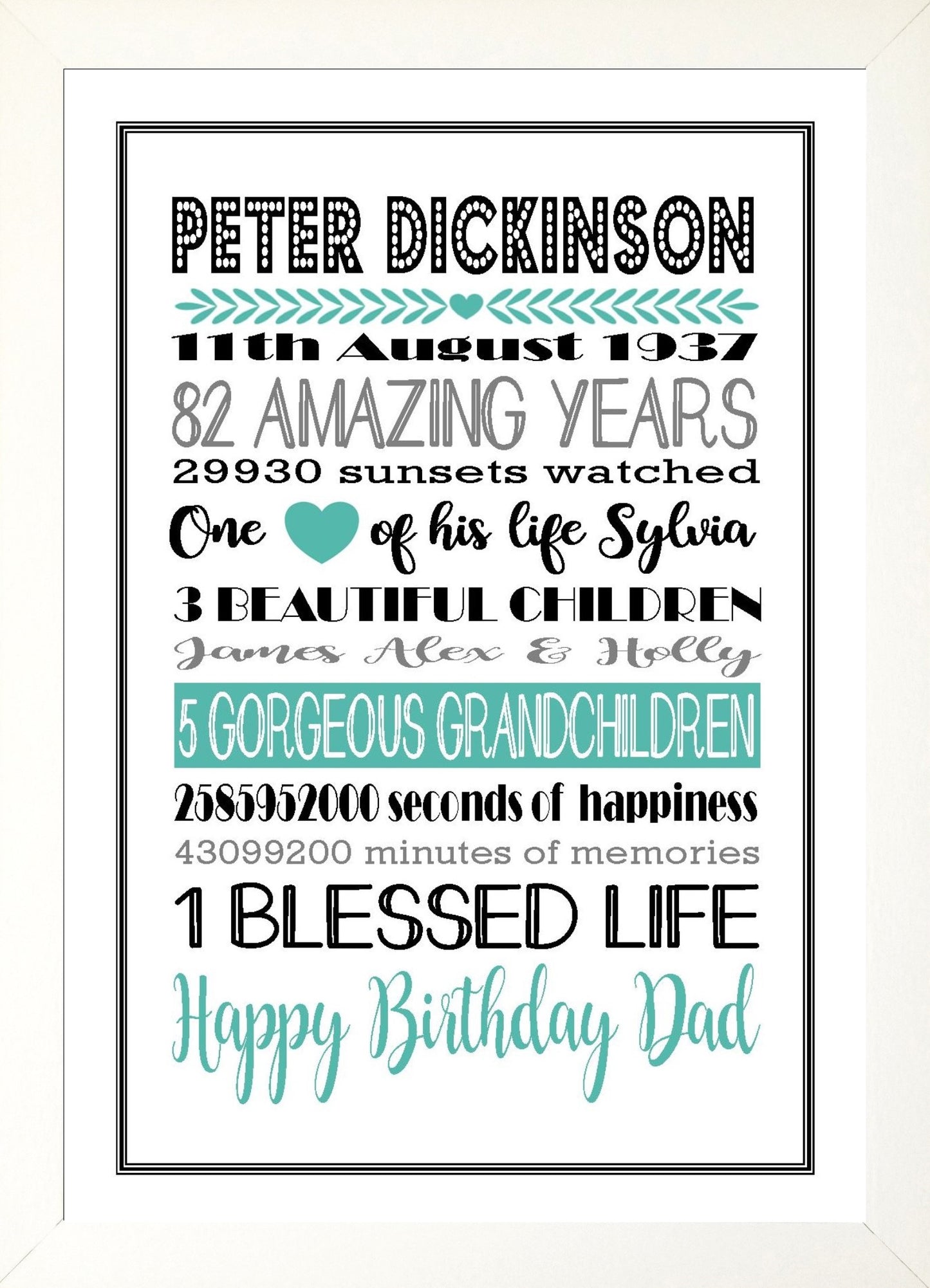 Personalised Amazing Years Memories Birthday Family Keepsake in Turquoise, Black & Grey Print Sold as the Print Only or in a Choice of Frames