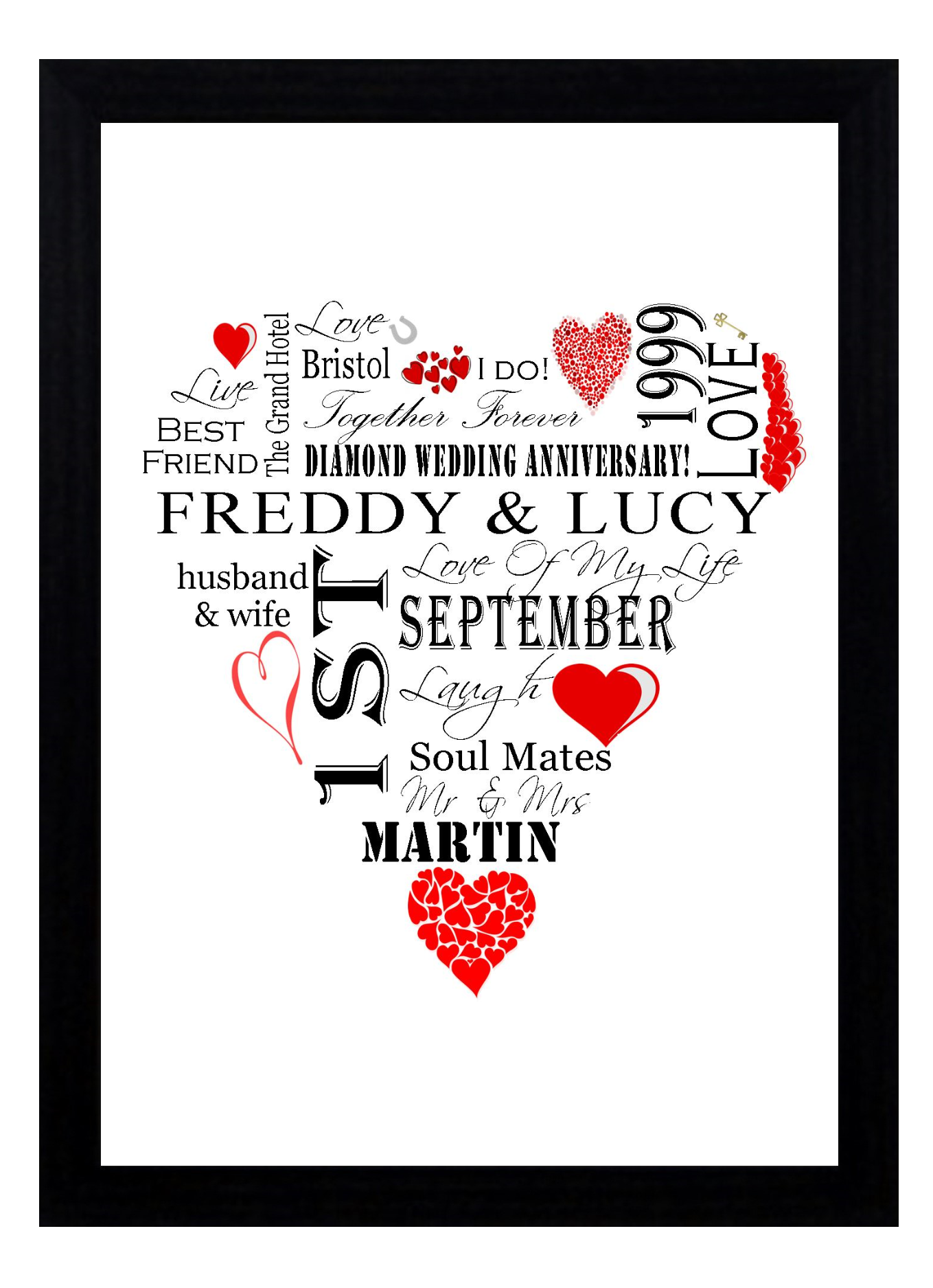 Personalised Red "Wedding Heart" Celebration Word Art A4 Print for Wedding Gift Present, Anniversary Or Engagement. Print Only or in a Frame Choice
