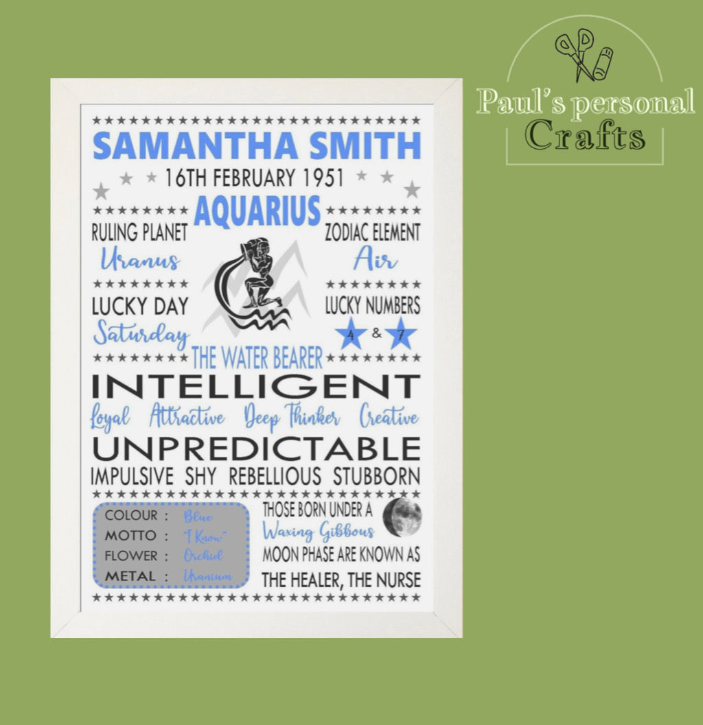 Personalised Aquarius Star Sign Zodiac Birthday Horoscope Print Poster