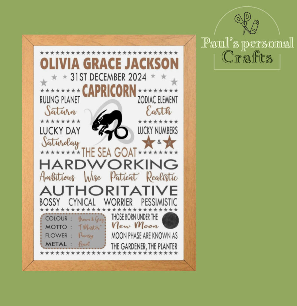 "Personalised Capricorn" Star Sign Zodiac Birthday Horoscope Print Poster