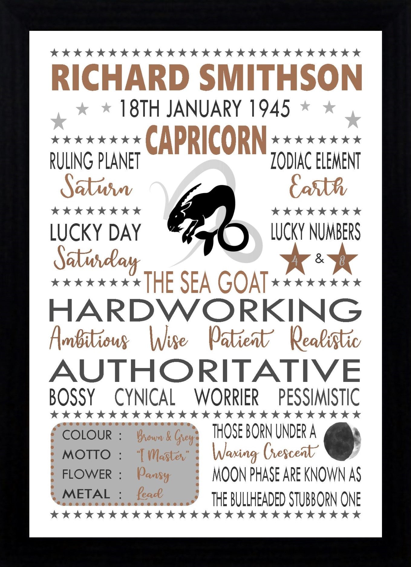 "Personalised Capricorn" Star Sign Zodiac Birthday Horoscope Print Poster