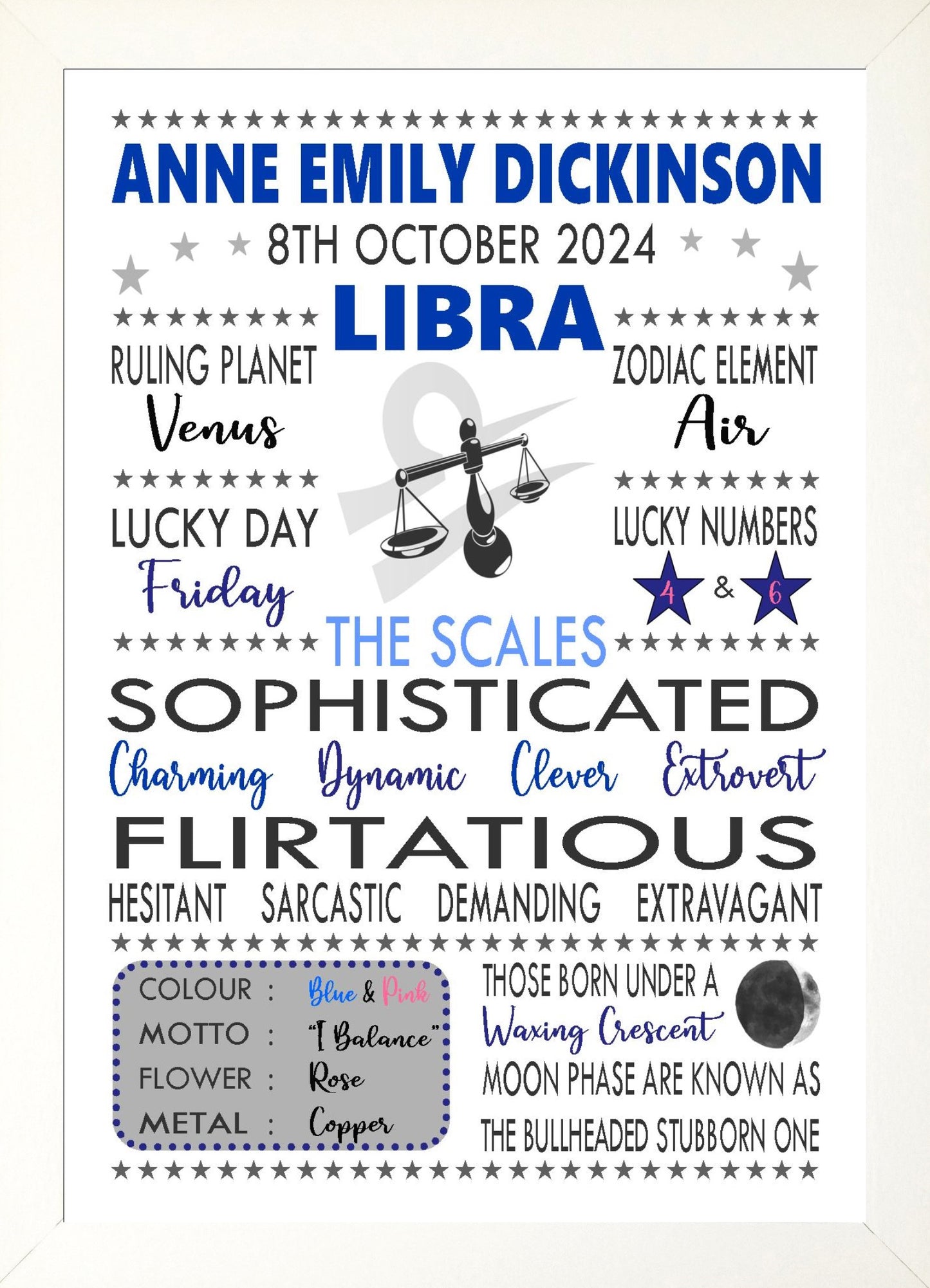 Personalised Libra Star Sign Zodiac Birthday Horoscope Print Poster