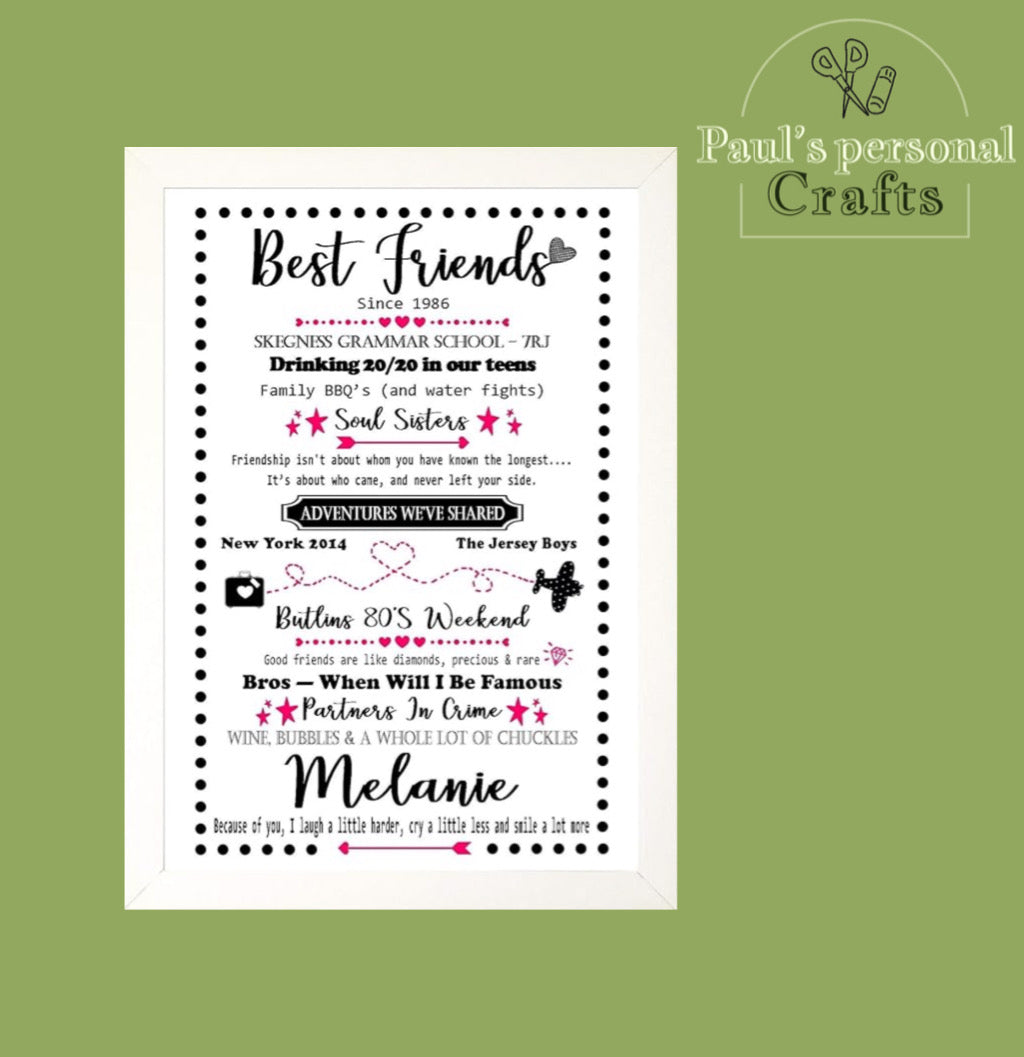 Personalised Best Friends Memories Friendship Celebration Keepsake A4 Print Sold as the Print on its own or in a Choice of Frames