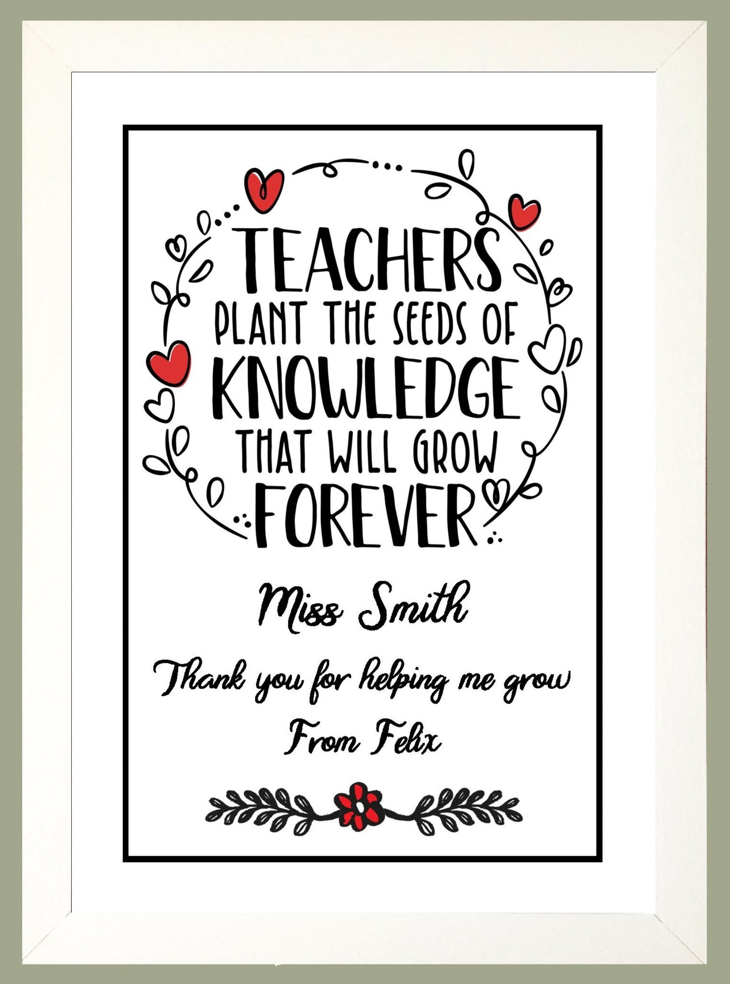 Personalised Teachers Plant the Seeds Thank You Gift Available as the Print Only or in a Choice of Frames