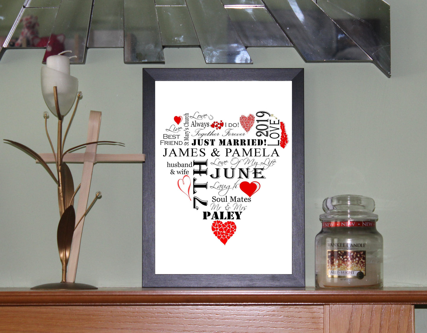 Personalised Red "Wedding Heart" Celebration Word Art A4 Print for Wedding Gift Present, Anniversary Or Engagement. Print Only or in a Frame Choice