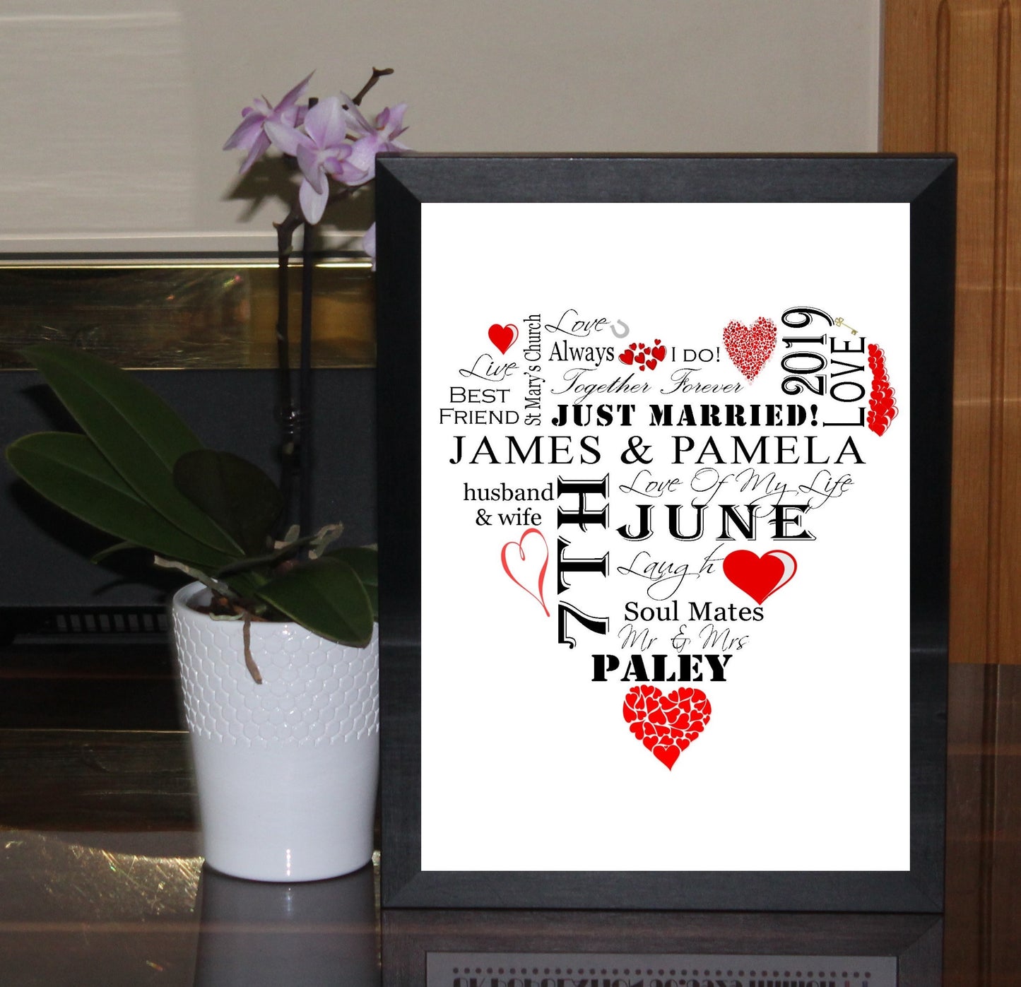 Personalised Red "Wedding Heart" Celebration Word Art A4 Print for Wedding Gift Present, Anniversary Or Engagement. Print Only or in a Frame Choice