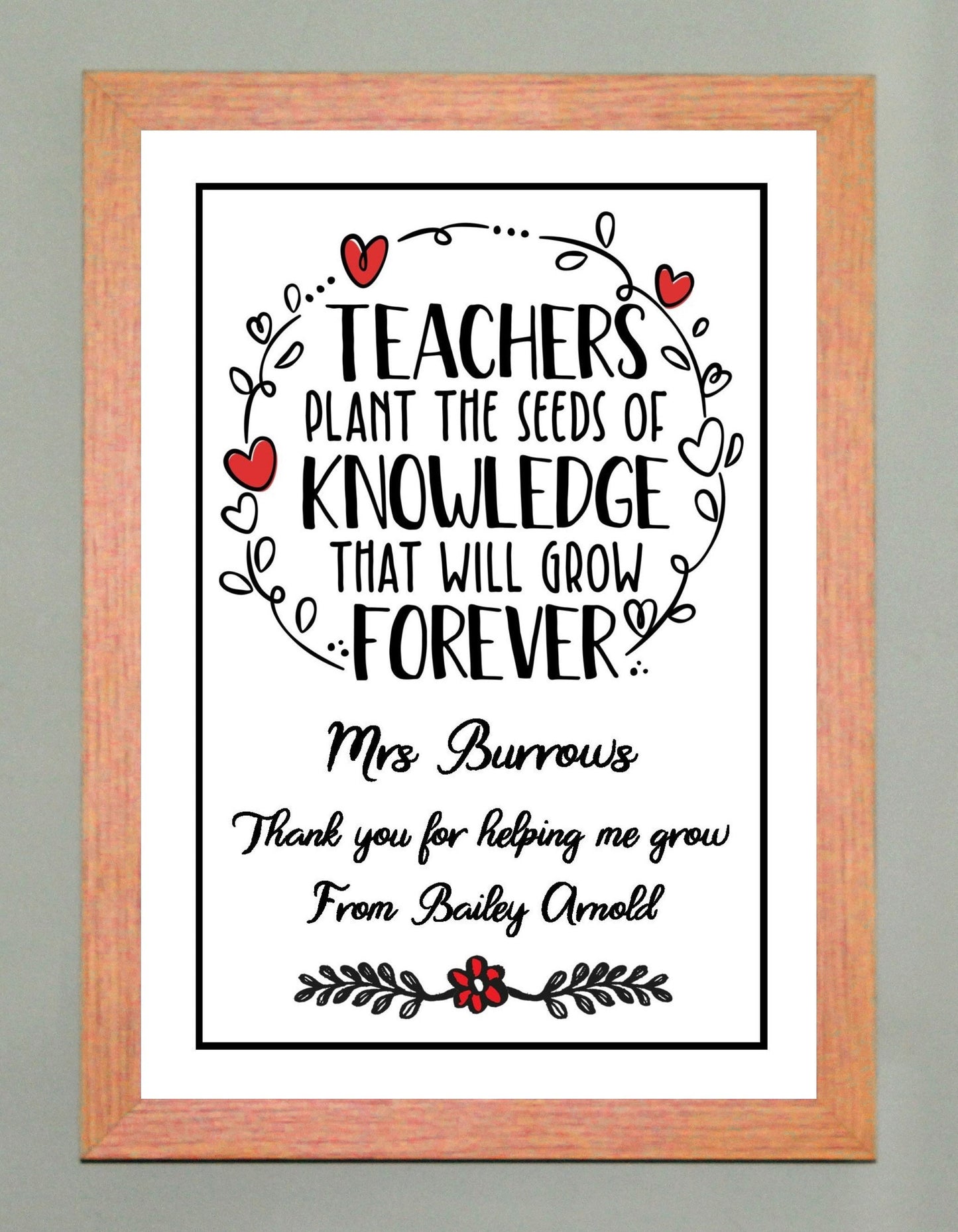 Personalised Teachers Plant the Seeds Thank You Gift Available as the Print Only or in a Choice of Frames