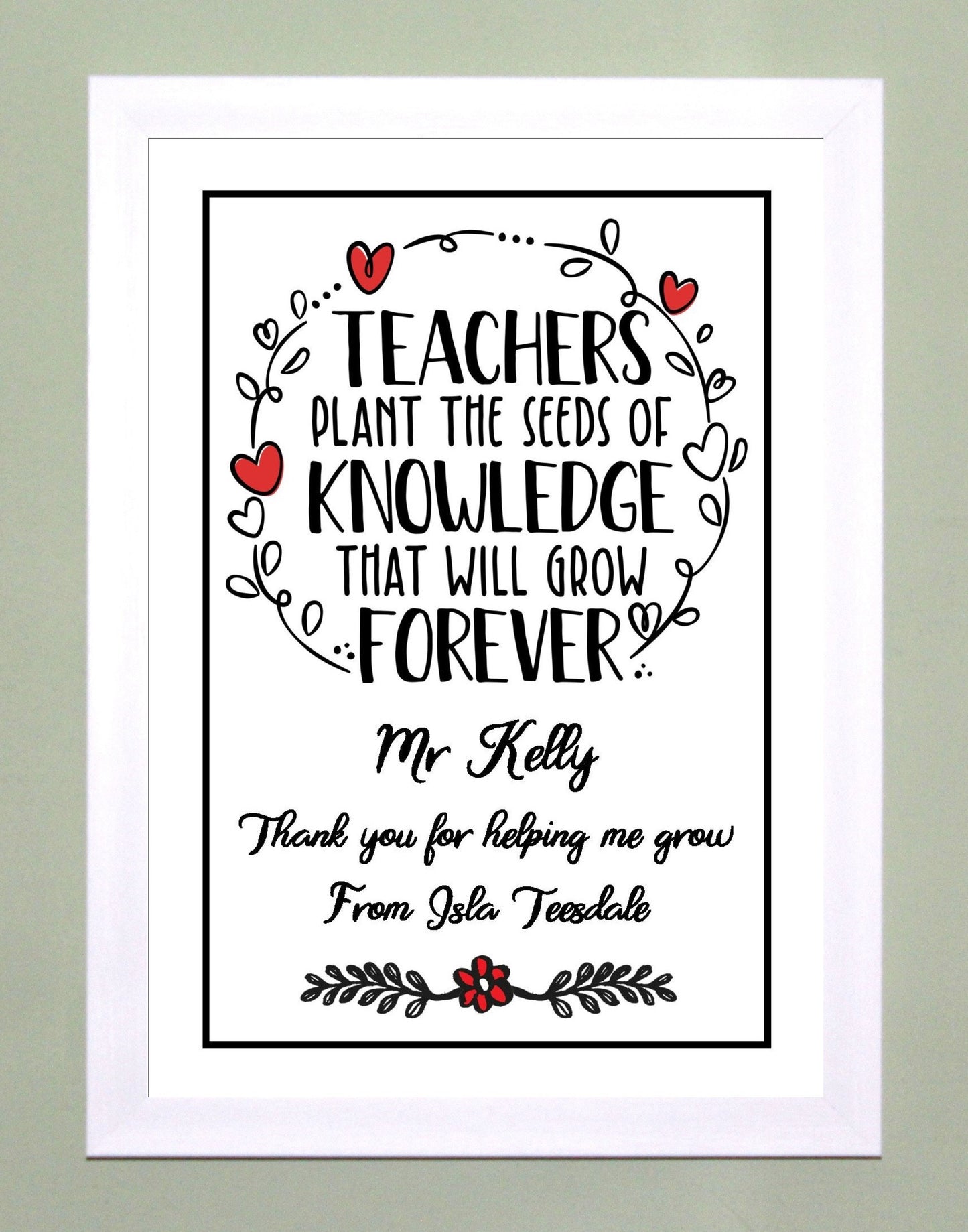Personalised Teachers Plant the Seeds Thank You Gift Available as the Print Only or in a Choice of Frames
