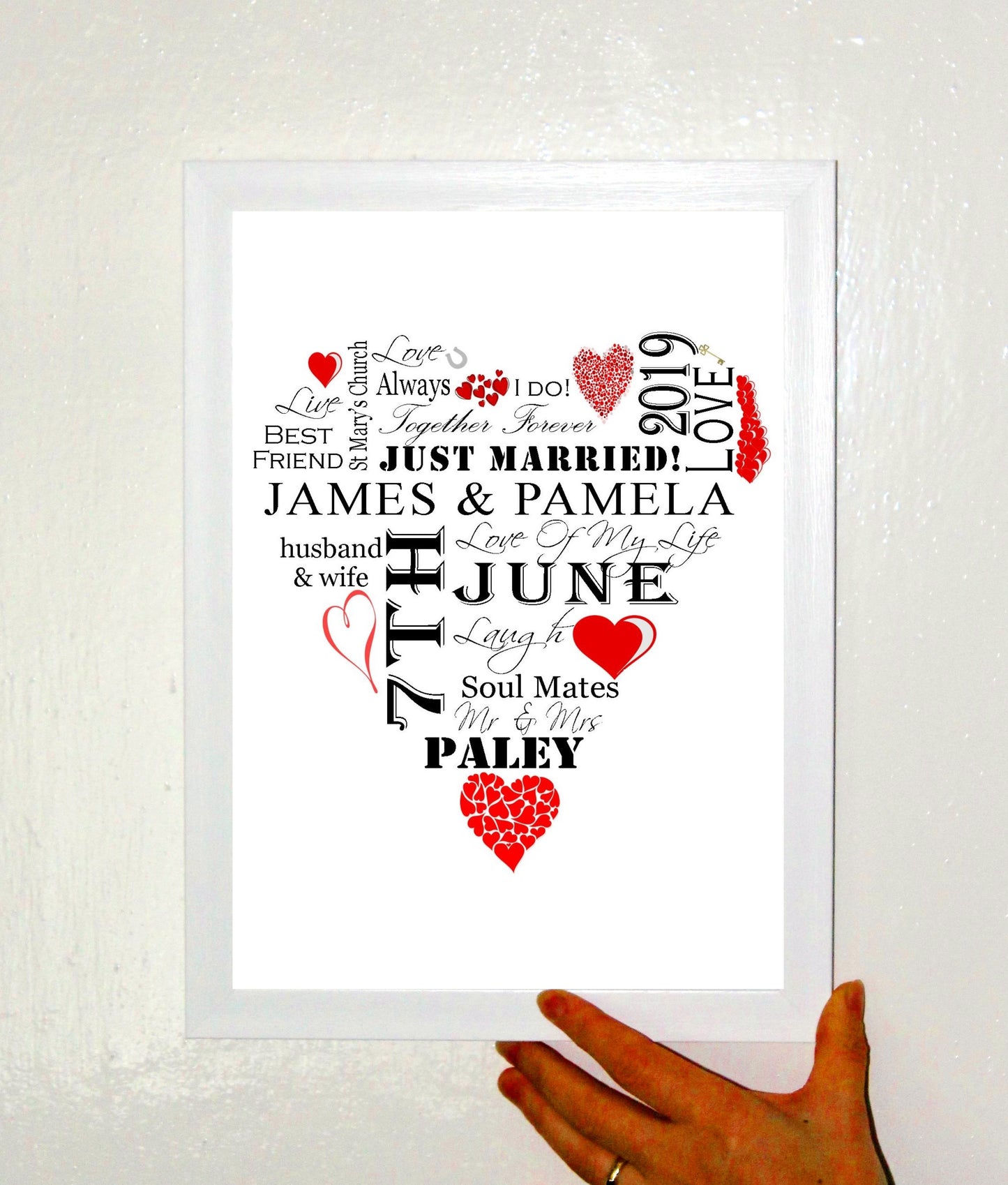 Personalised Red "Wedding Heart" Celebration Word Art A4 Print for Wedding Gift Present, Anniversary Or Engagement. Print Only or in a Frame Choice