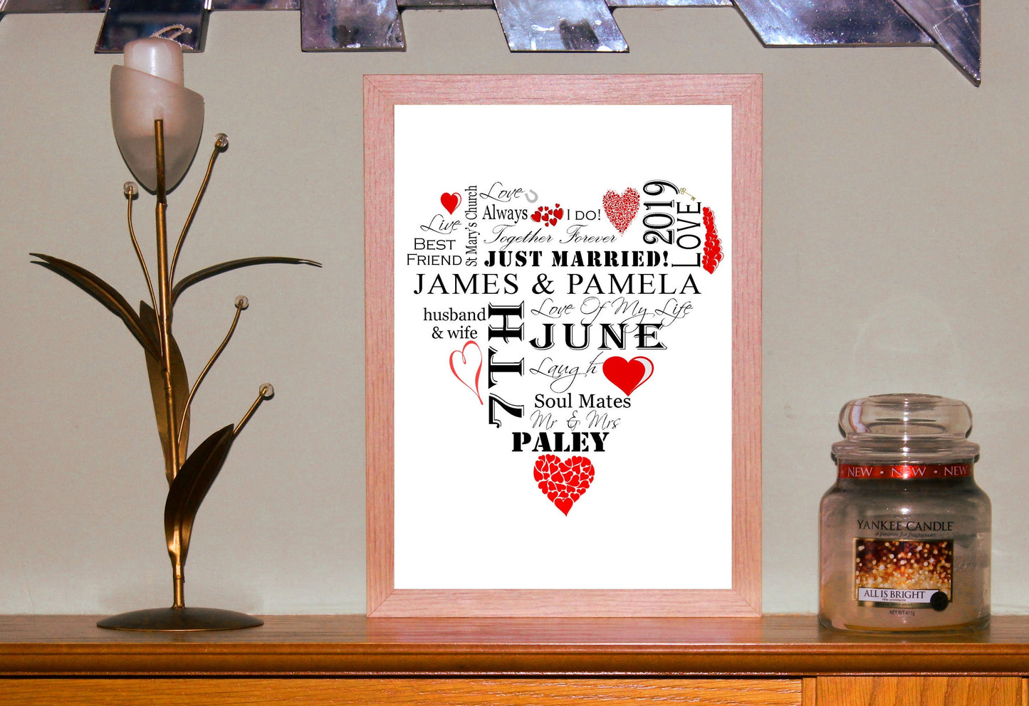 Personalised Red "Wedding Heart" Celebration Word Art A4 Print for Wedding Gift Present, Anniversary Or Engagement. Print Only or in a Frame Choice