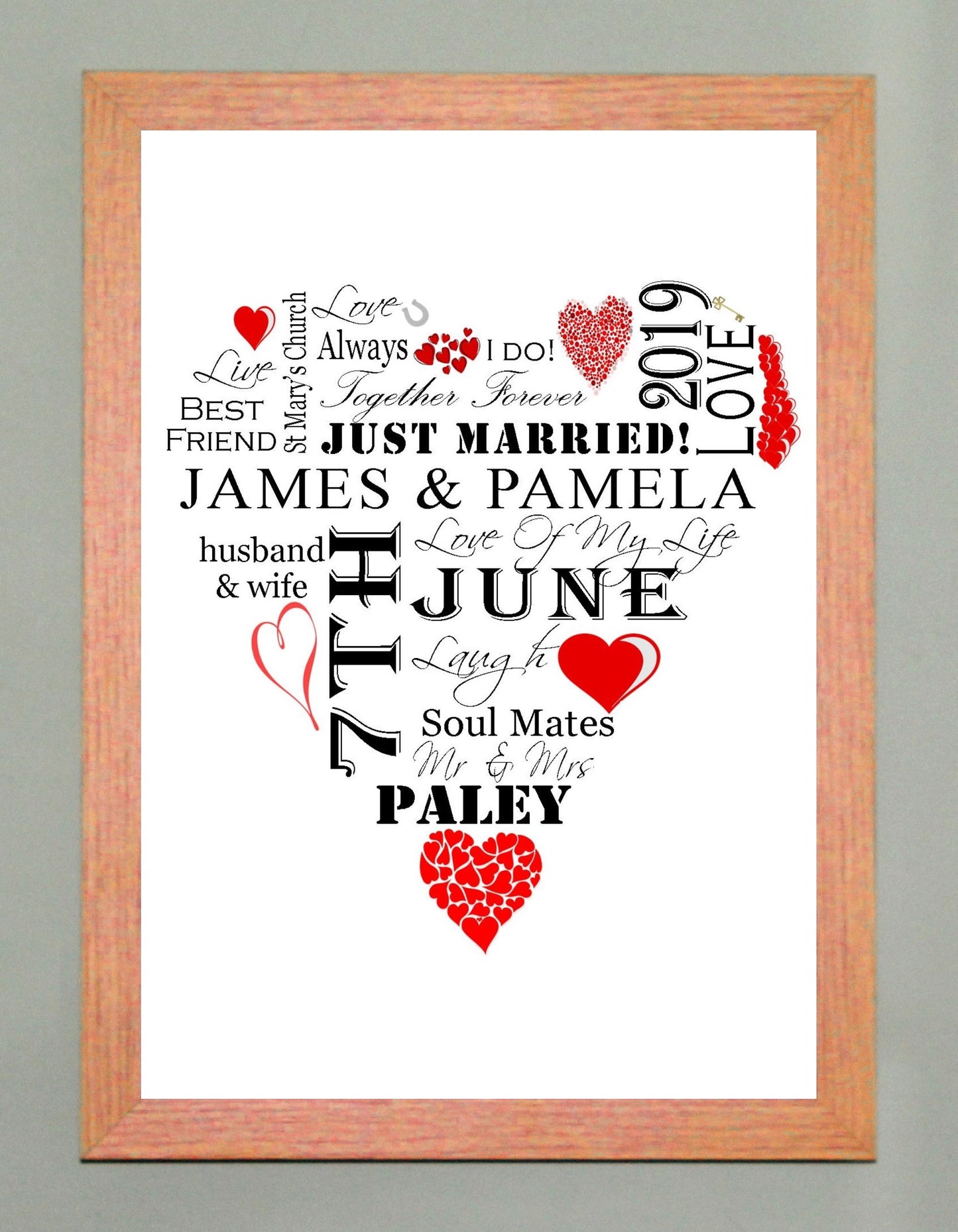 Personalised Red "Wedding Heart" Celebration Word Art A4 Print for Wedding Gift Present, Anniversary Or Engagement. Print Only or in a Frame Choice