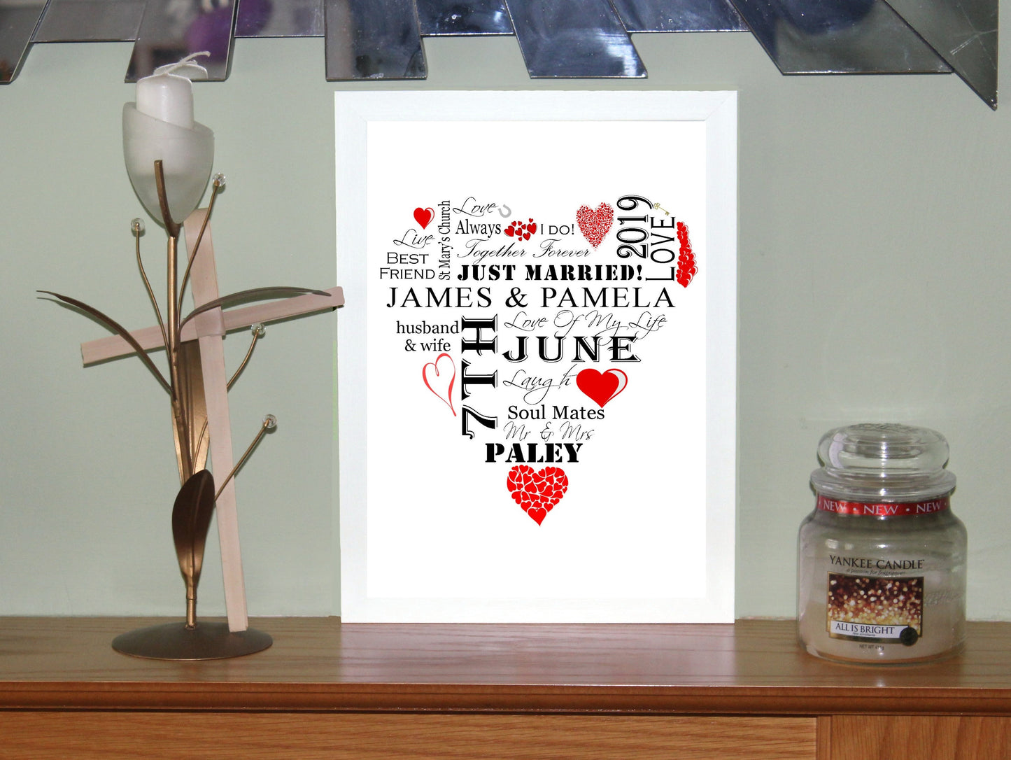 Personalised Red "Wedding Heart" Celebration Word Art A4 Print for Wedding Gift Present, Anniversary Or Engagement. Print Only or in a Frame Choice