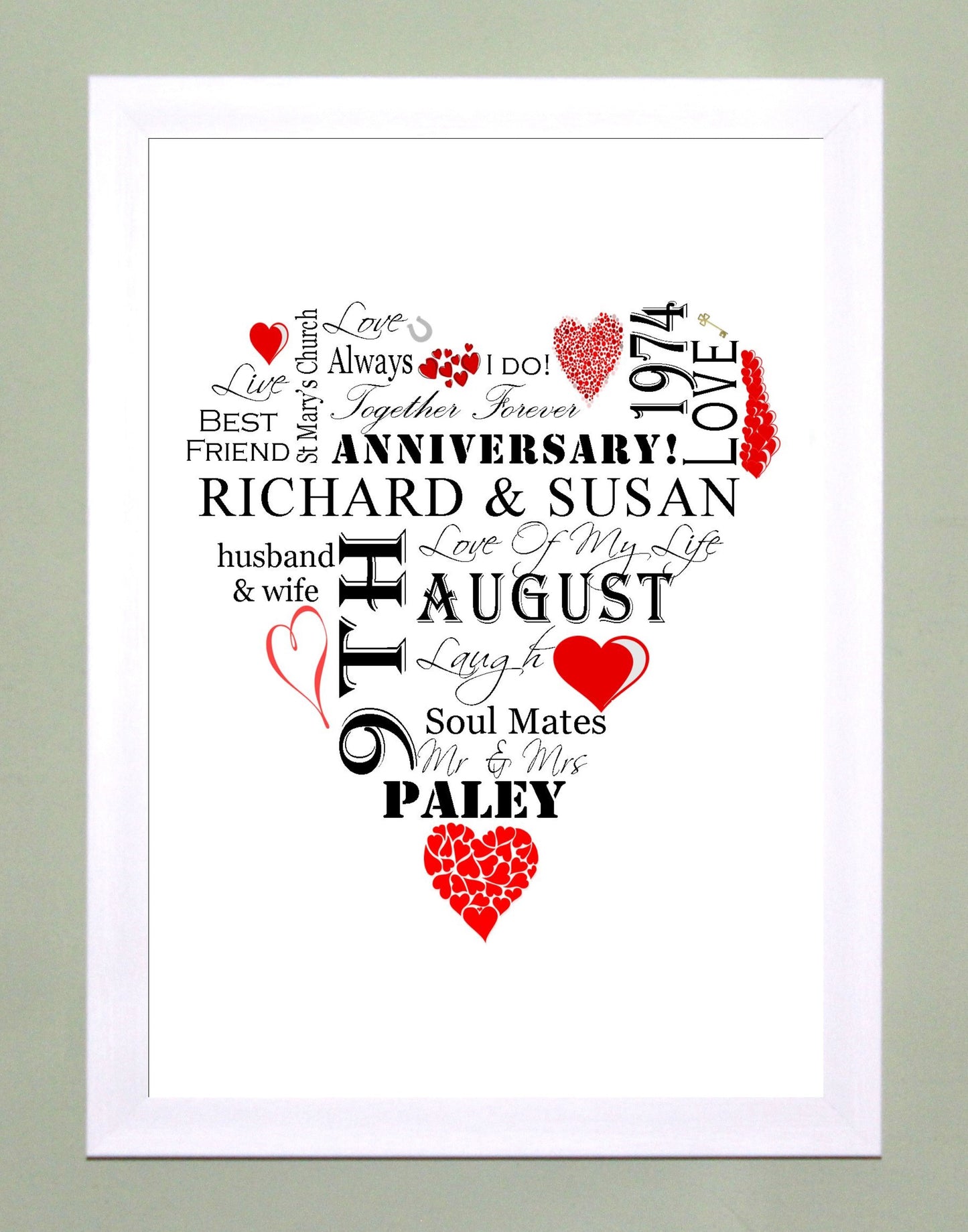 Personalised Red "Wedding Heart" Celebration Word Art A4 Print for Wedding Gift Present, Anniversary Or Engagement. Print Only or in a Frame Choice