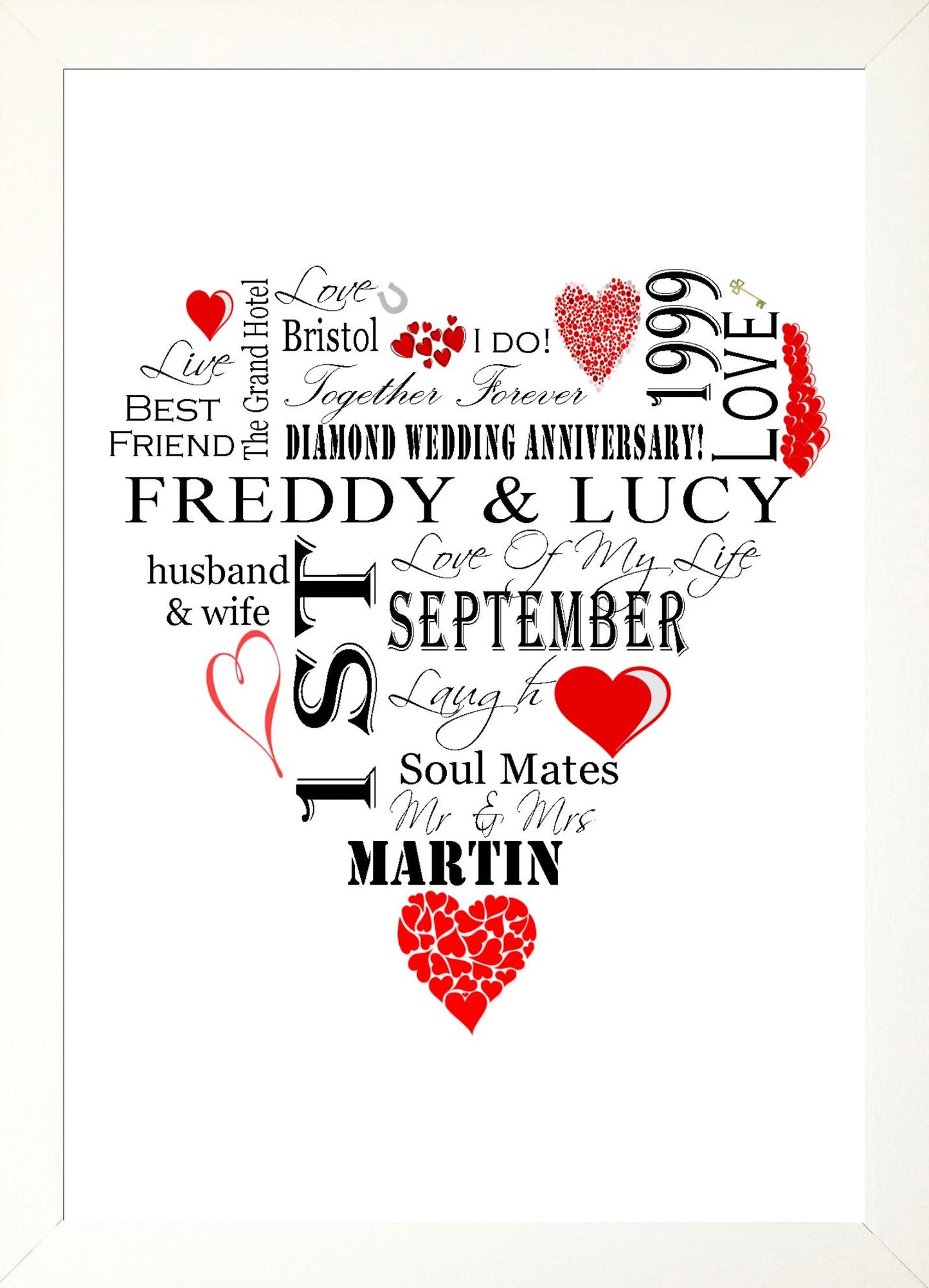 Personalised Red "Wedding Heart" Celebration Word Art A4 Print for Wedding Gift Present, Anniversary Or Engagement. Print Only or in a Frame Choice