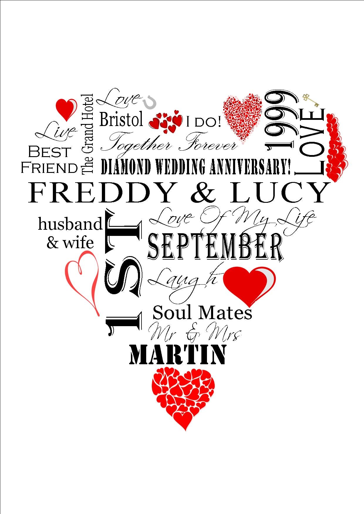 Personalised Red "Wedding Heart" Celebration Word Art A4 Print for Wedding Gift Present, Anniversary Or Engagement. Print Only or in a Frame Choice