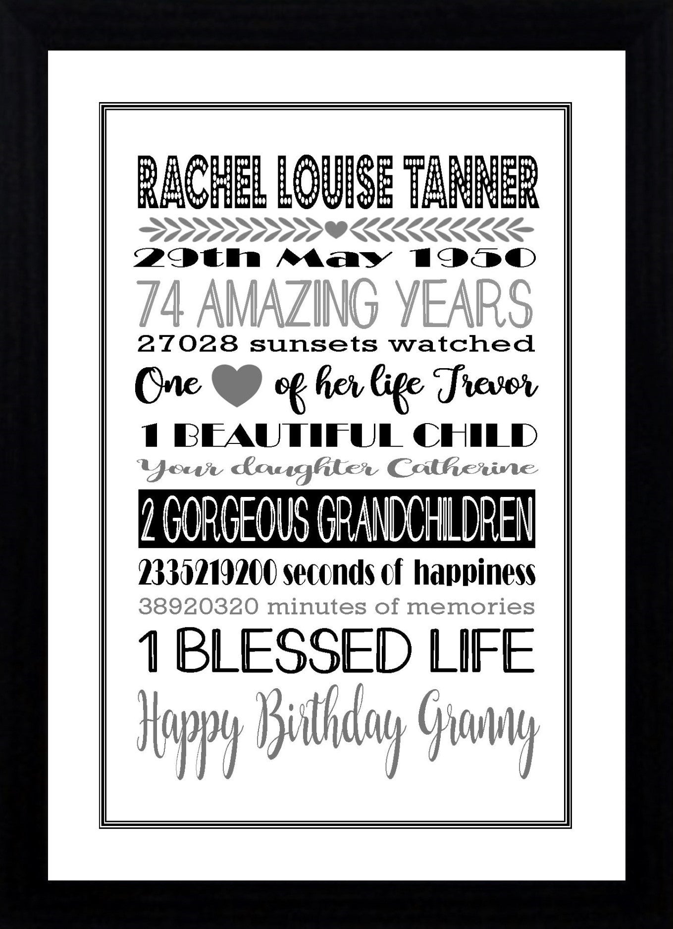 Personalised Amazing Years Memories Birthday Family Keepsake in Black & Grey Print Sold as the Print Only or in a Choice of Frames