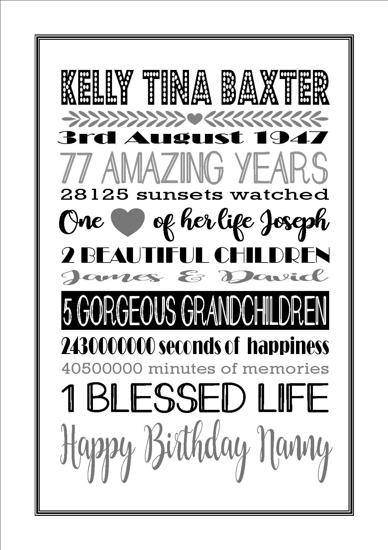 Personalised Amazing Years Memories Birthday Family Keepsake in Black & Grey Print Sold as the Print Only or in a Choice of Frames