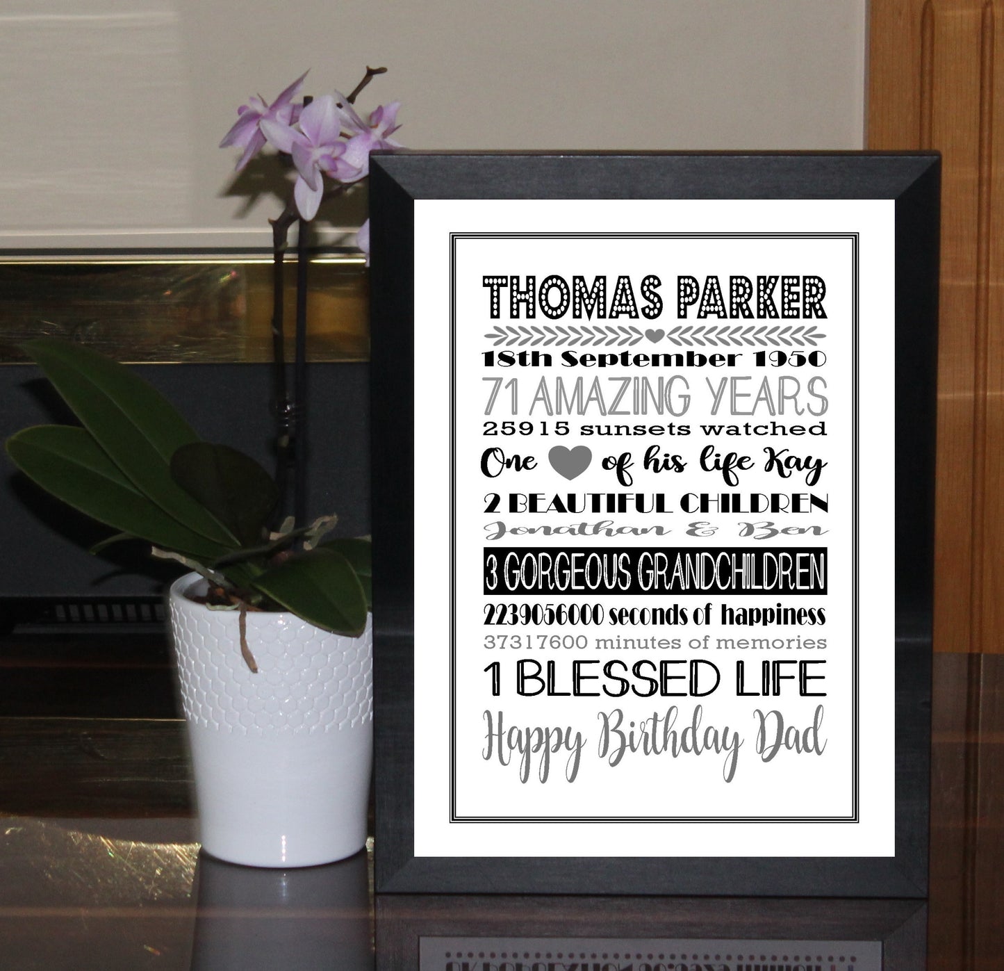 Personalised Amazing Years Memories Birthday Family Keepsake in Black & Grey Print Sold as the Print Only or in a Choice of Frames
