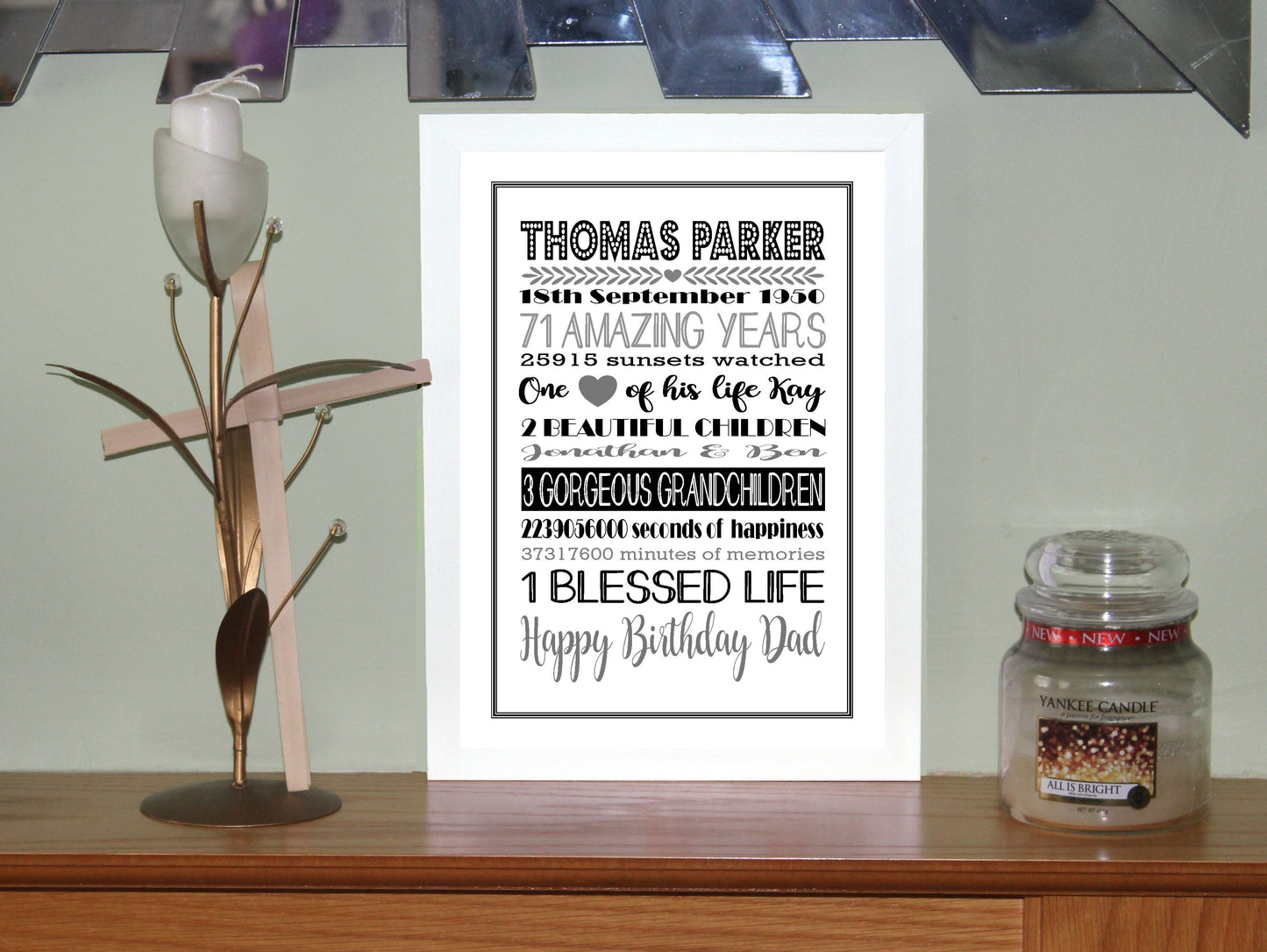 Personalised Amazing Years Memories Birthday Family Keepsake in Black & Grey Print Sold as the Print Only or in a Choice of Frames