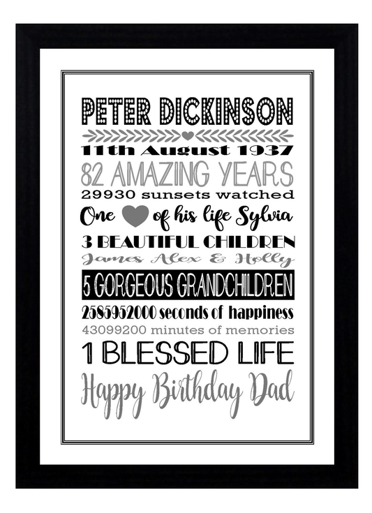 Personalised Amazing Years Memories Birthday Family Keepsake in Black & Grey Print Sold as the Print Only or in a Choice of Frames