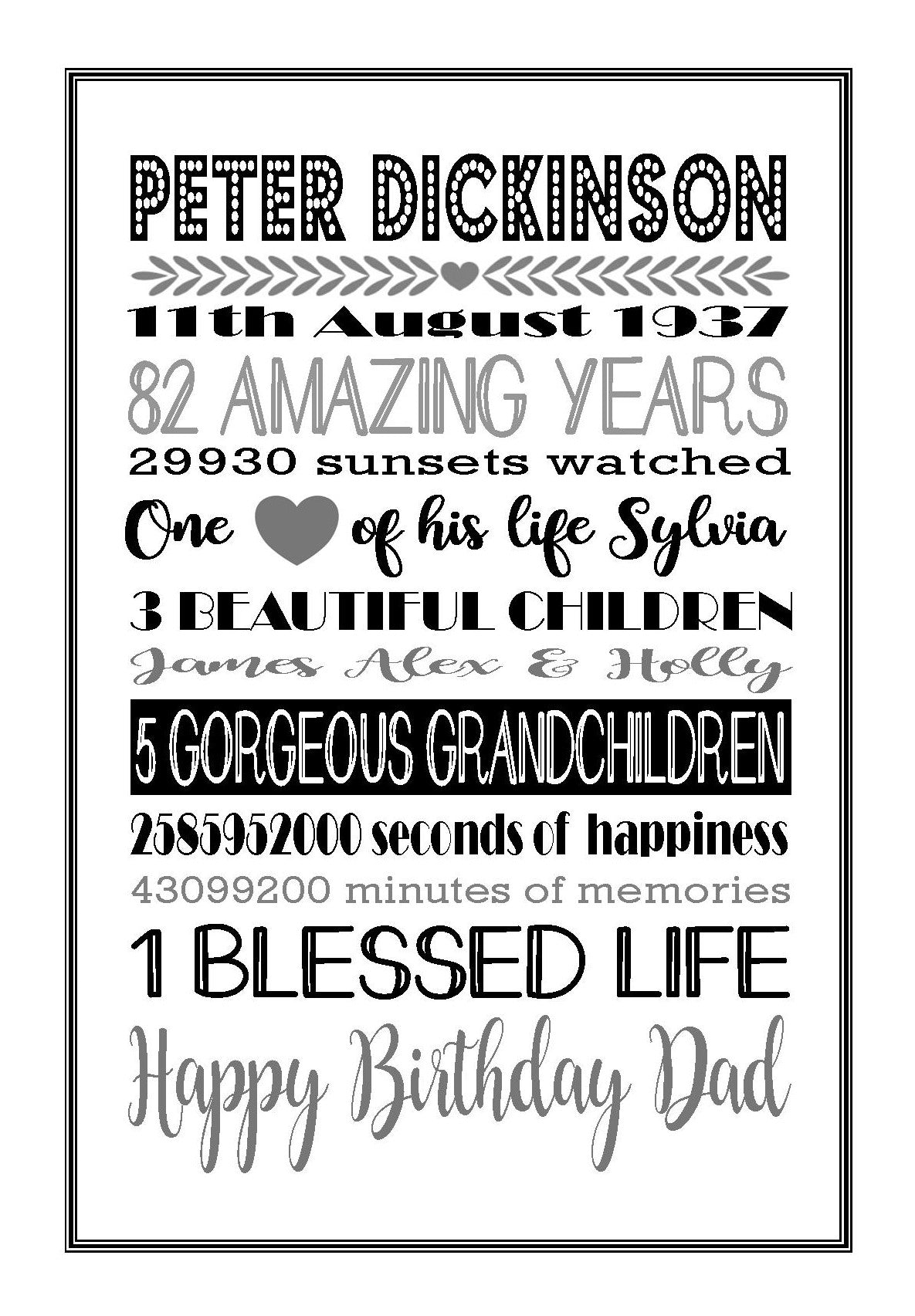 Personalised Amazing Years Memories Birthday Family Keepsake in Black & Grey Print Sold as the Print Only or in a Choice of Frames
