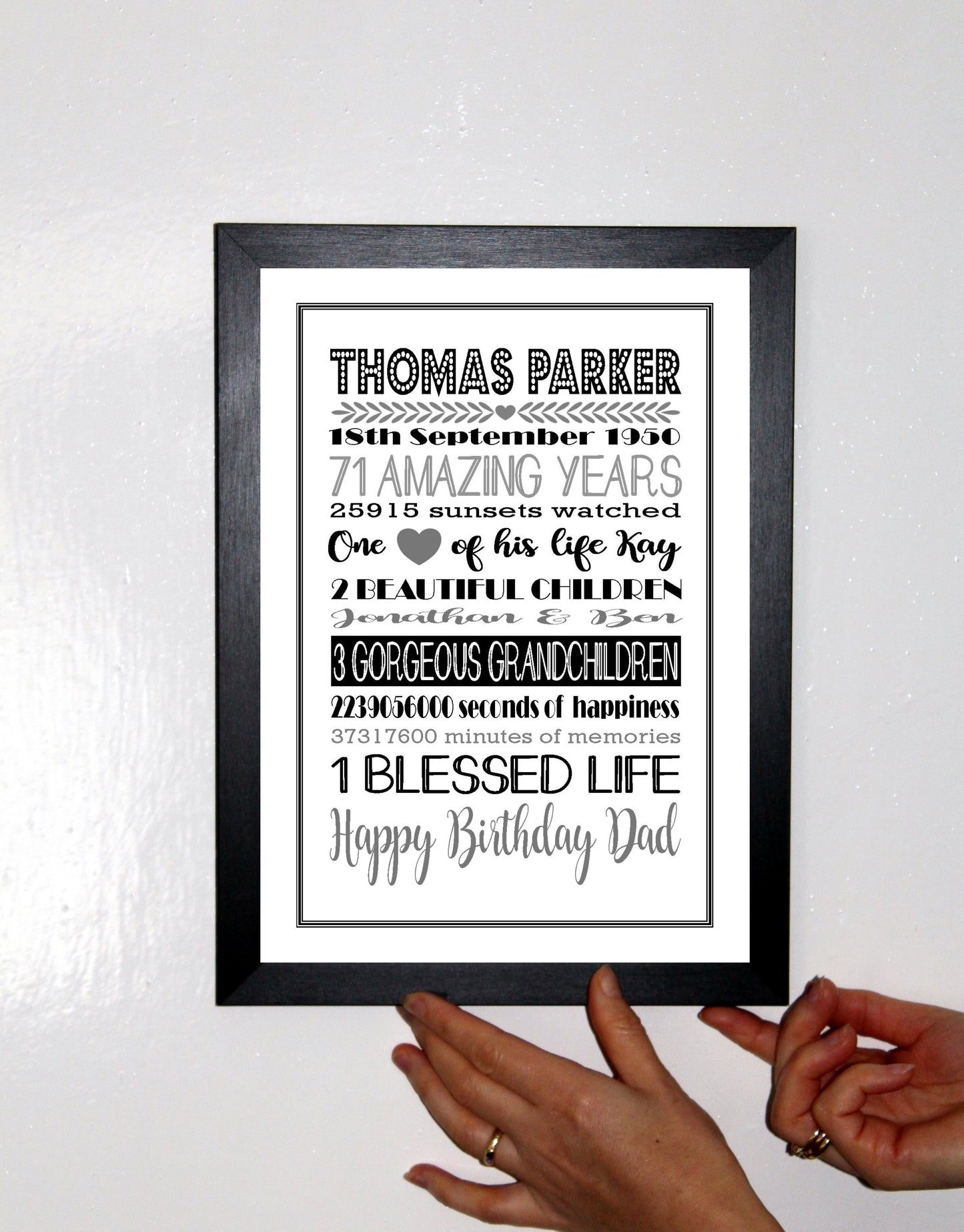 Personalised Amazing Years Memories Birthday Family Keepsake in Black & Grey Print Sold as the Print Only or in a Choice of Frames