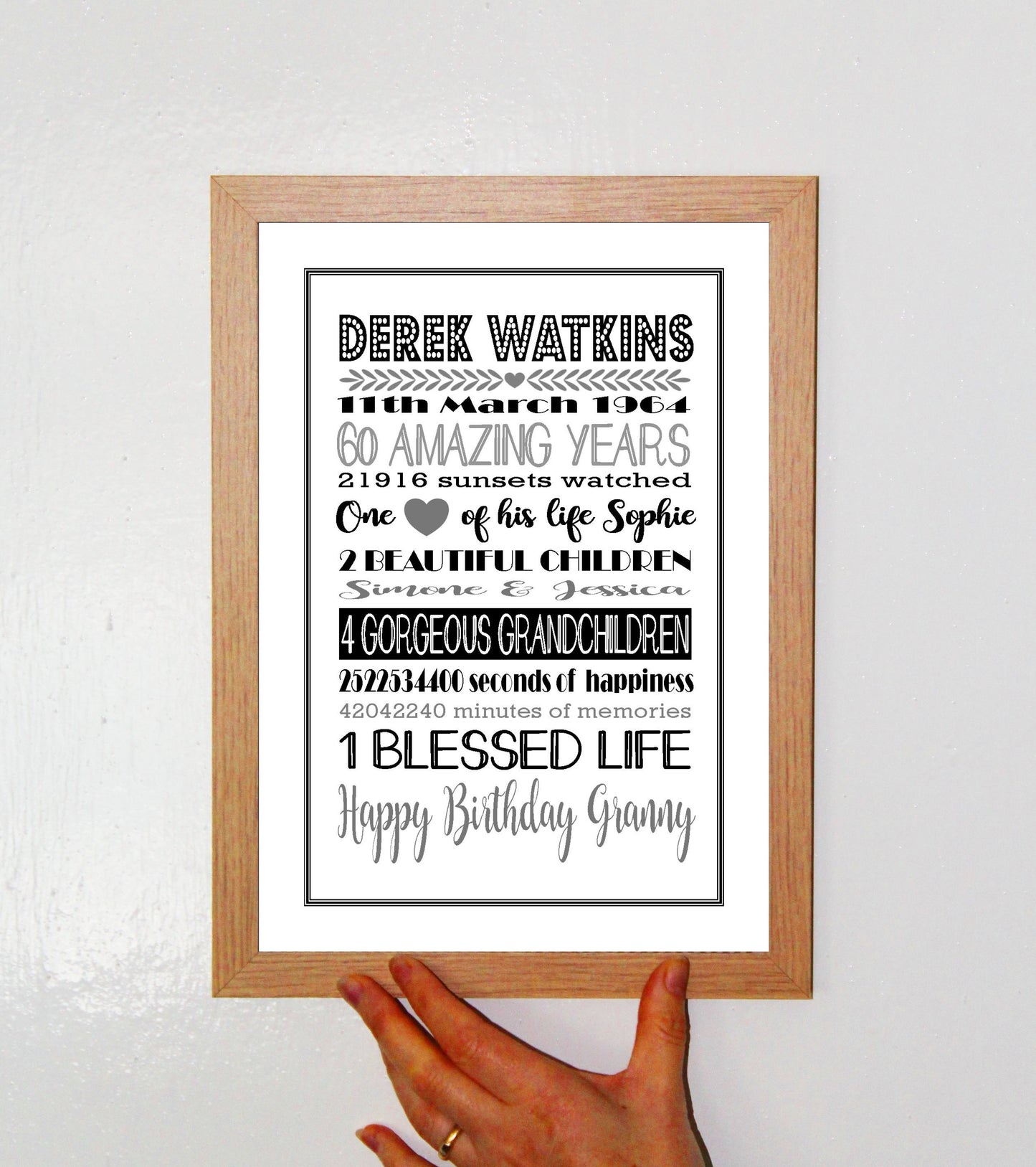 Personalised Amazing Years Memories Birthday Family Keepsake in Black & Grey Print Sold as the Print Only or in a Choice of Frames
