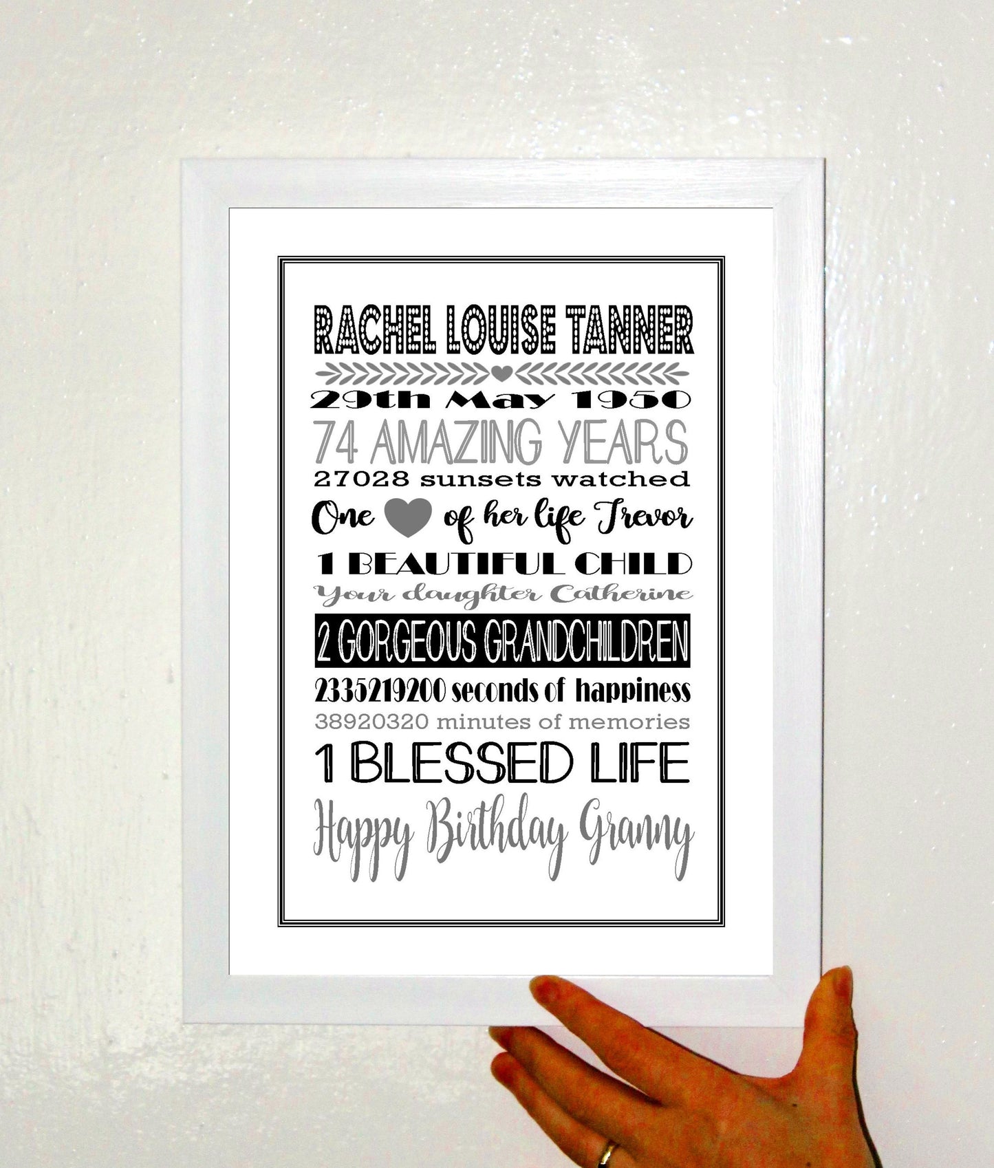 Personalised Amazing Years Memories Birthday Family Keepsake in Black & Grey Print Sold as the Print Only or in a Choice of Frames