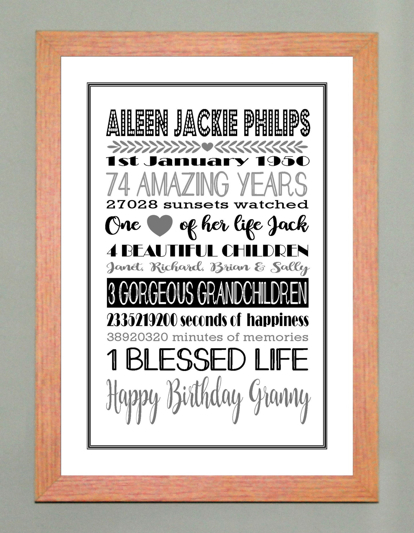 Personalised Amazing Years Memories Birthday Family Keepsake in Black & Grey Print Sold as the Print Only or in a Choice of Frames