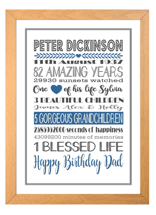 Personalised Amazing Years Memories Birthday Family Keepsake in Blue & Grey Print Sold as the Print Only or in a Choice of Frames