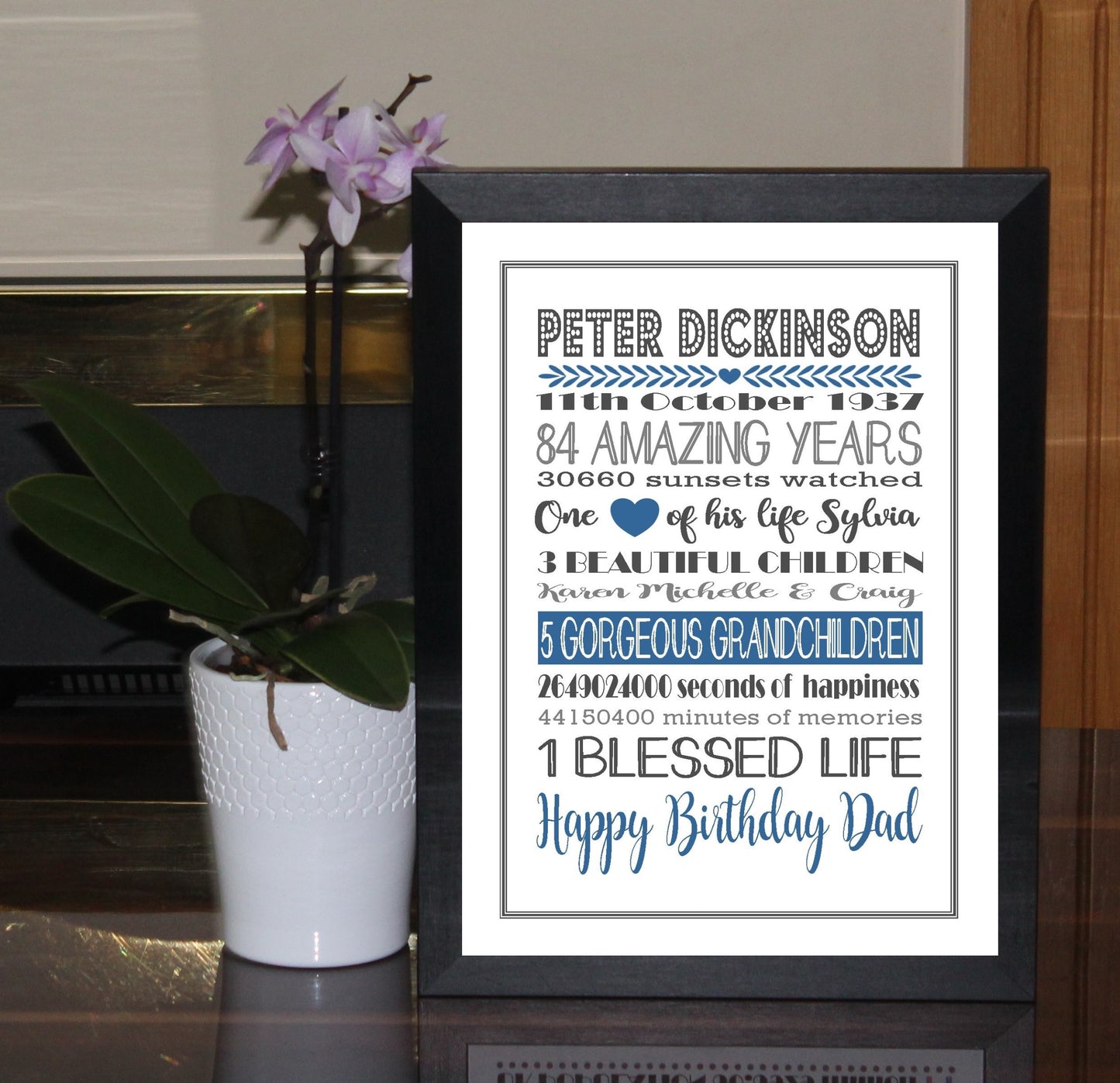 Personalised Amazing Years Memories Birthday Family Keepsake in Blue & Grey Print Sold as the Print Only or in a Choice of Frames