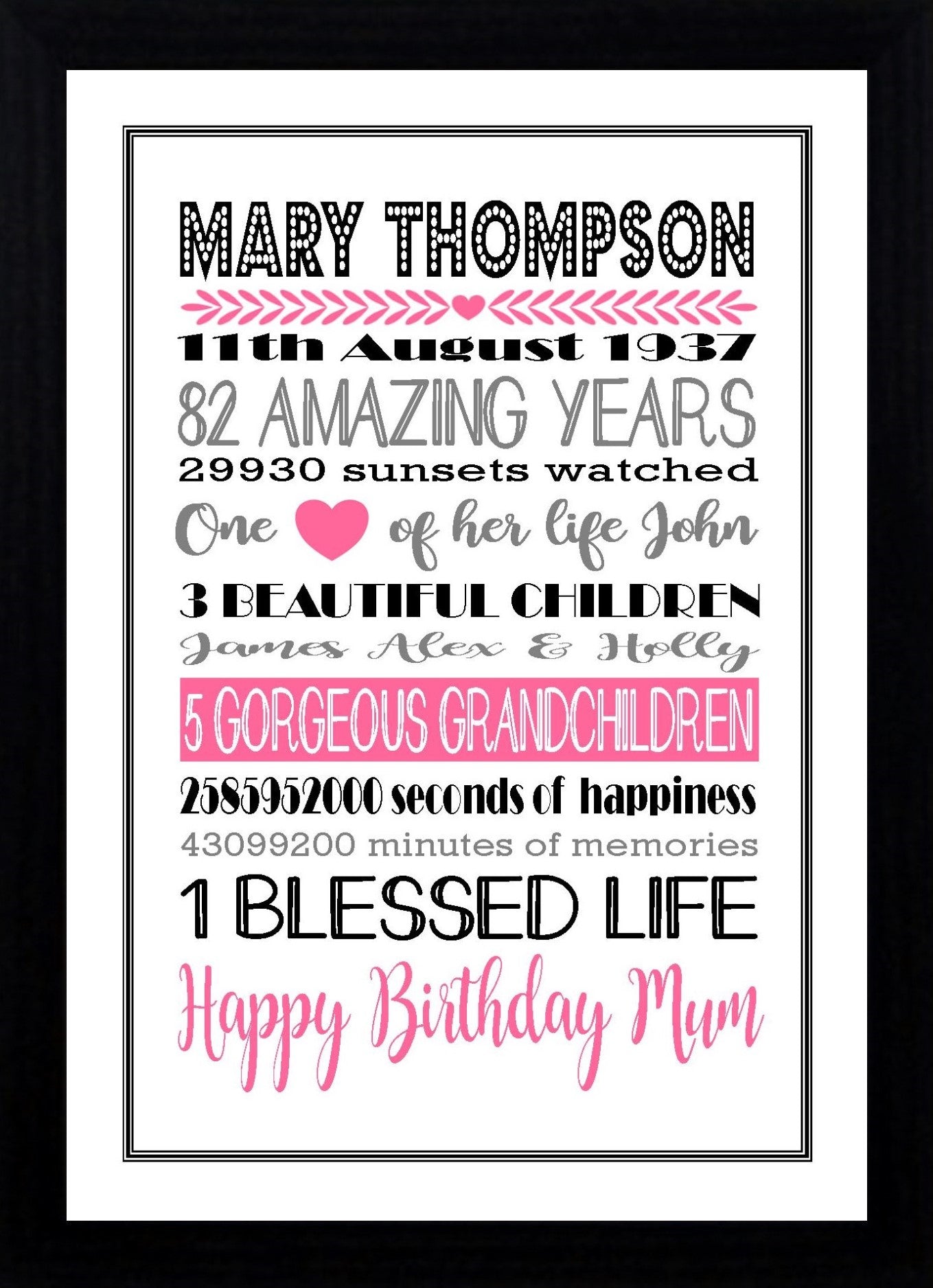 Personalised Amazing Years Memories Birthday Family Keepsake in Pink, Black & Grey Print Sold as the Print Only or in a Choice of Frames