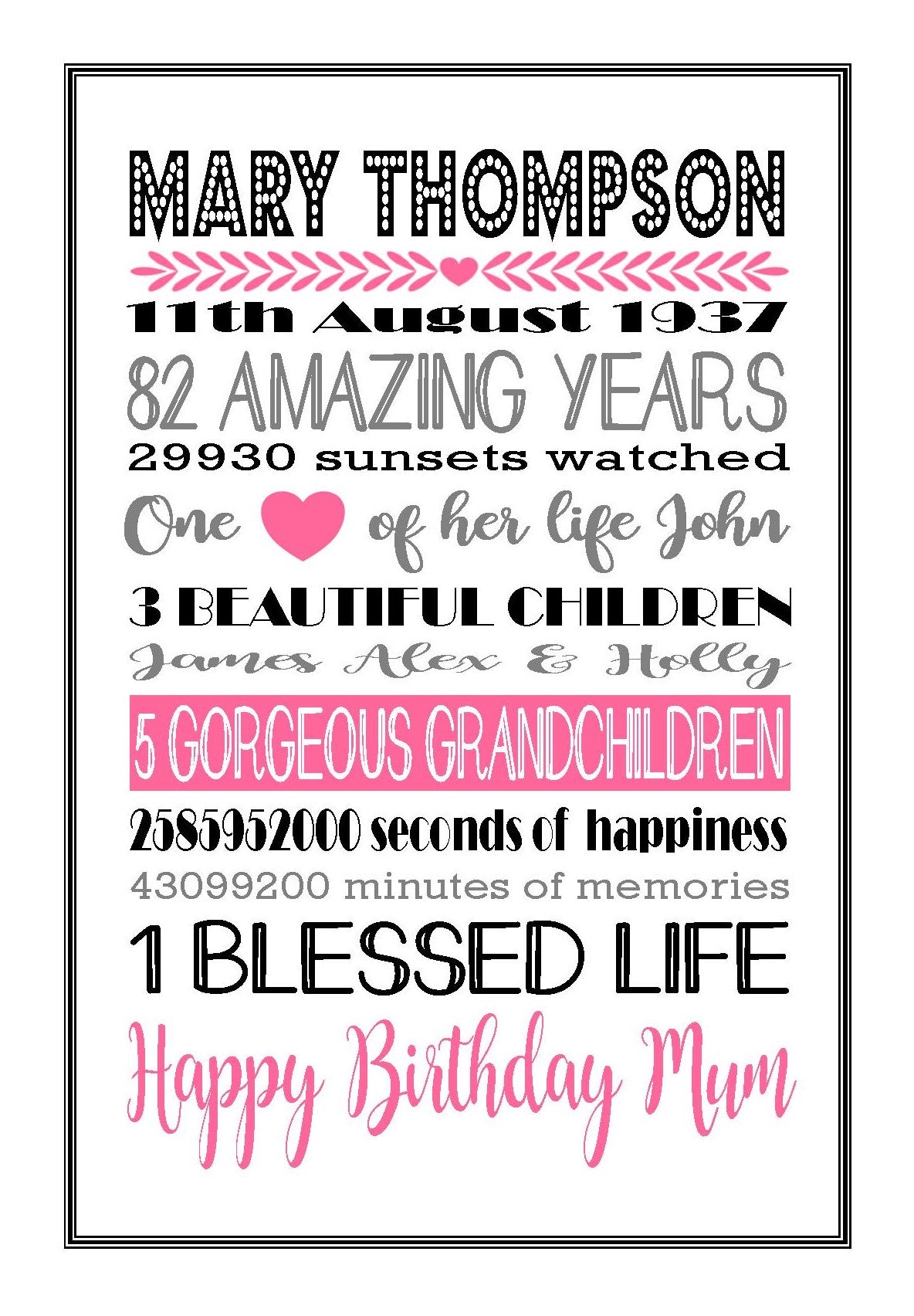 Personalised Amazing Years Memories Birthday Family Keepsake in Pink, Black & Grey Print Sold as the Print Only or in a Choice of Frames