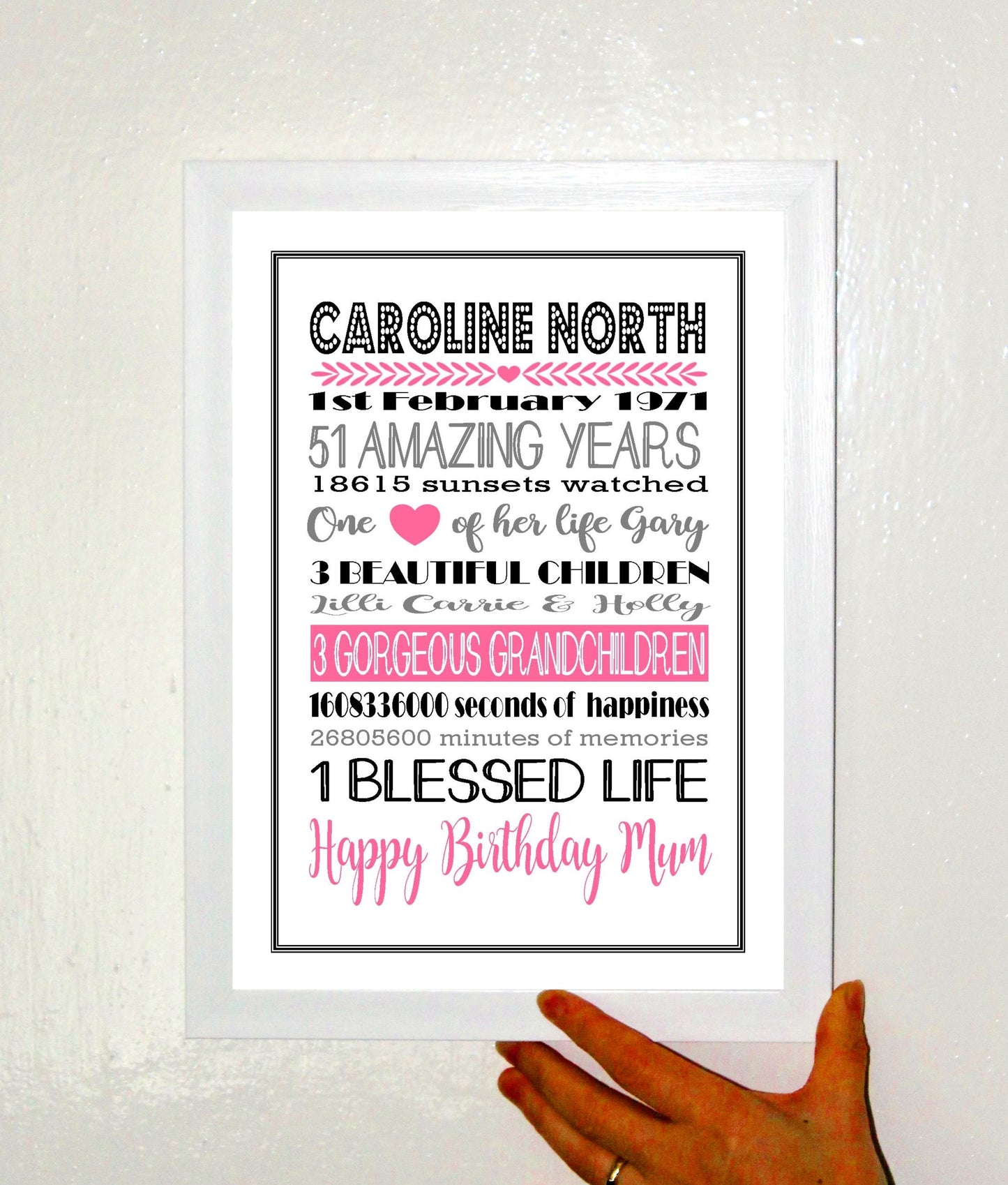 Personalised Amazing Years Memories Birthday Family Keepsake in Pink, Black & Grey Print Sold as the Print Only or in a Choice of Frames