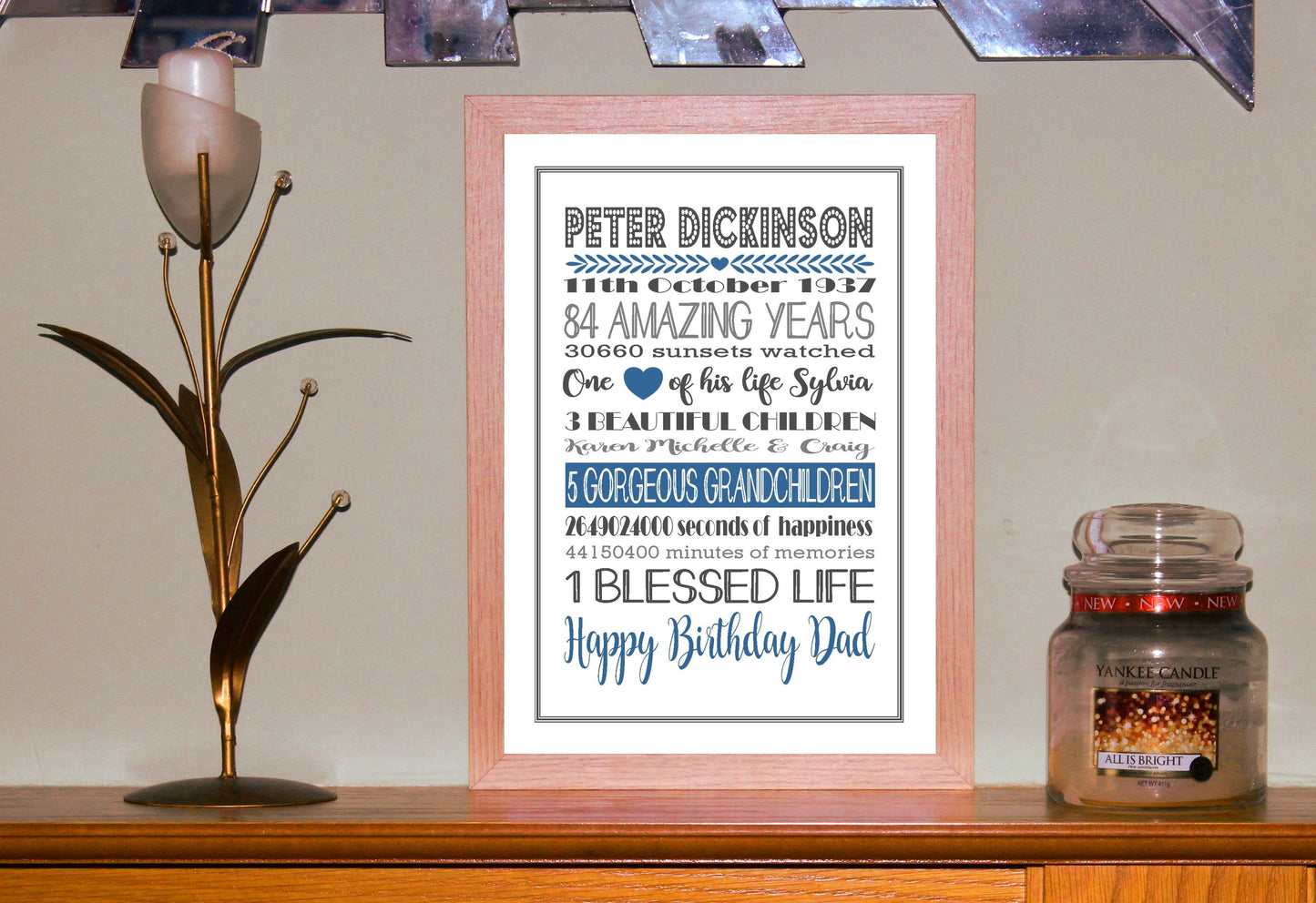 Personalised Amazing Years Memories Birthday Family Keepsake in Blue & Grey Print Sold as the Print Only or in a Choice of Frames