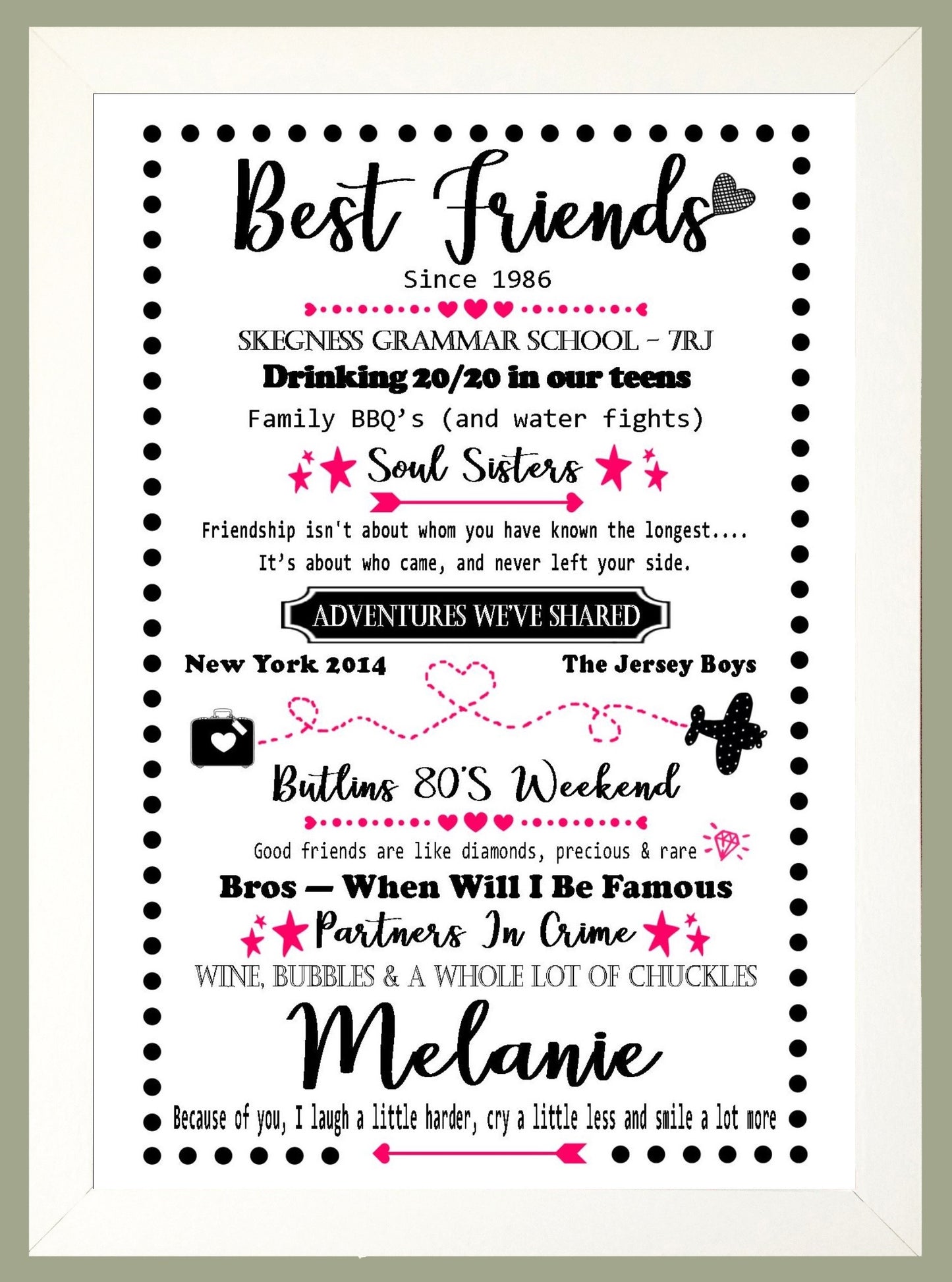 Personalised Best Friends Memories Friendship Celebration Keepsake A4 Print Sold as the Print on its own or in a Choice of Frames
