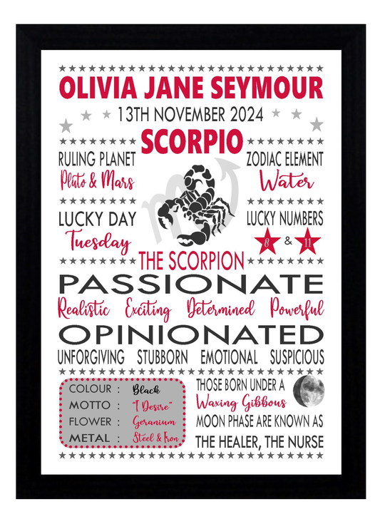 Personalised Scorpio Star Sign Zodiac Birthday Horoscope Print Poster