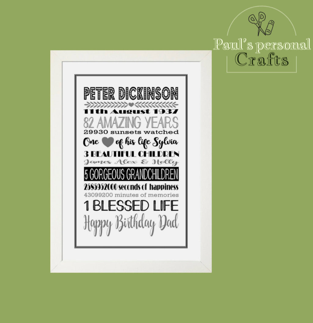 Personalised Amazing Years Memories Birthday Family Keepsake in Black & Grey Print Sold as the Print Only or in a Choice of Frames