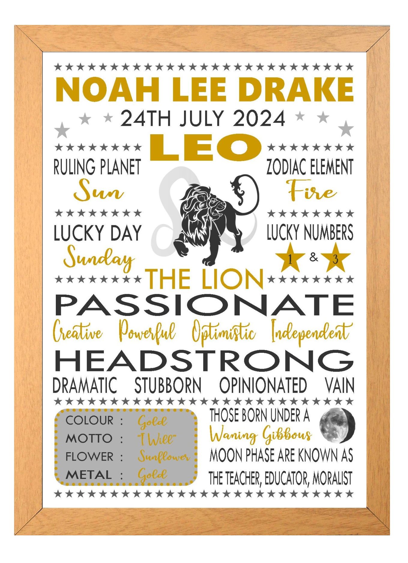 Personalised Leo Star Sign Zodiac Birthday Horoscope Print Poster