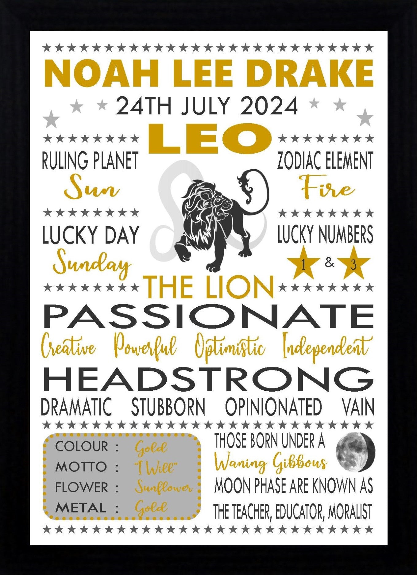 Personalised Leo Star Sign Zodiac Birthday Horoscope Print Poster