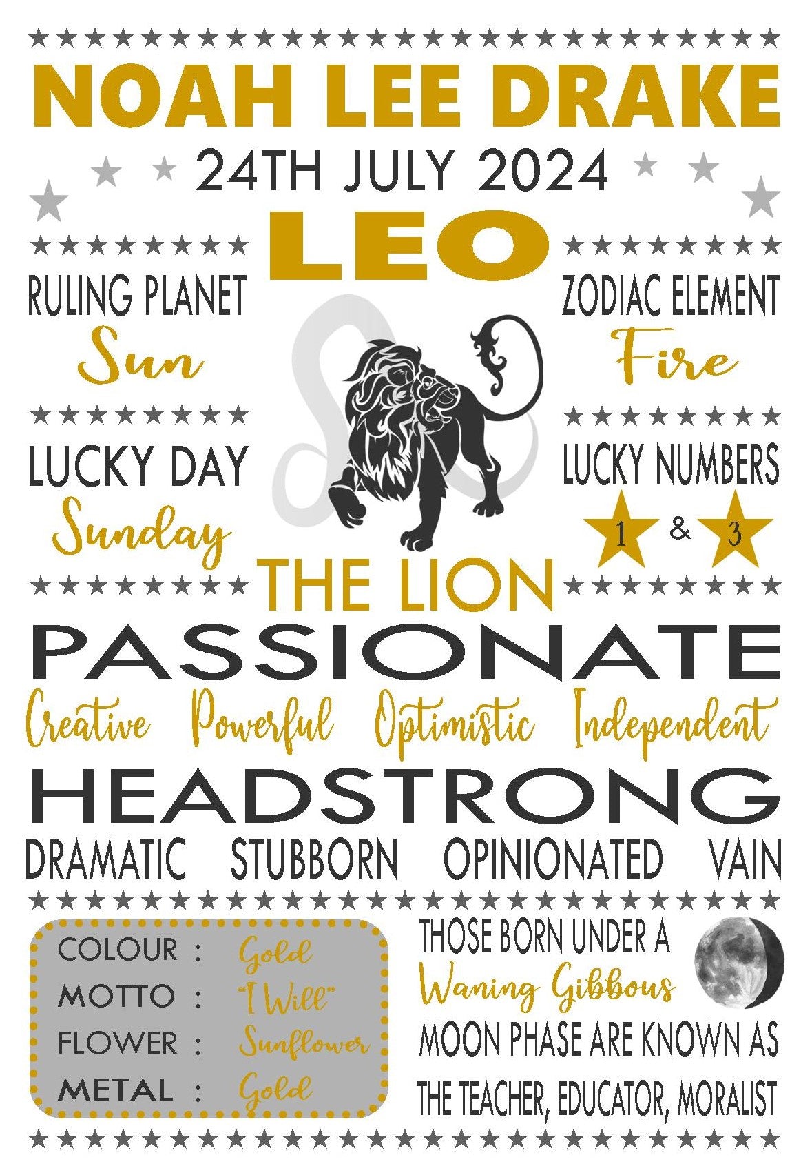 Personalised Leo Star Sign Zodiac Birthday Horoscope Print Poster