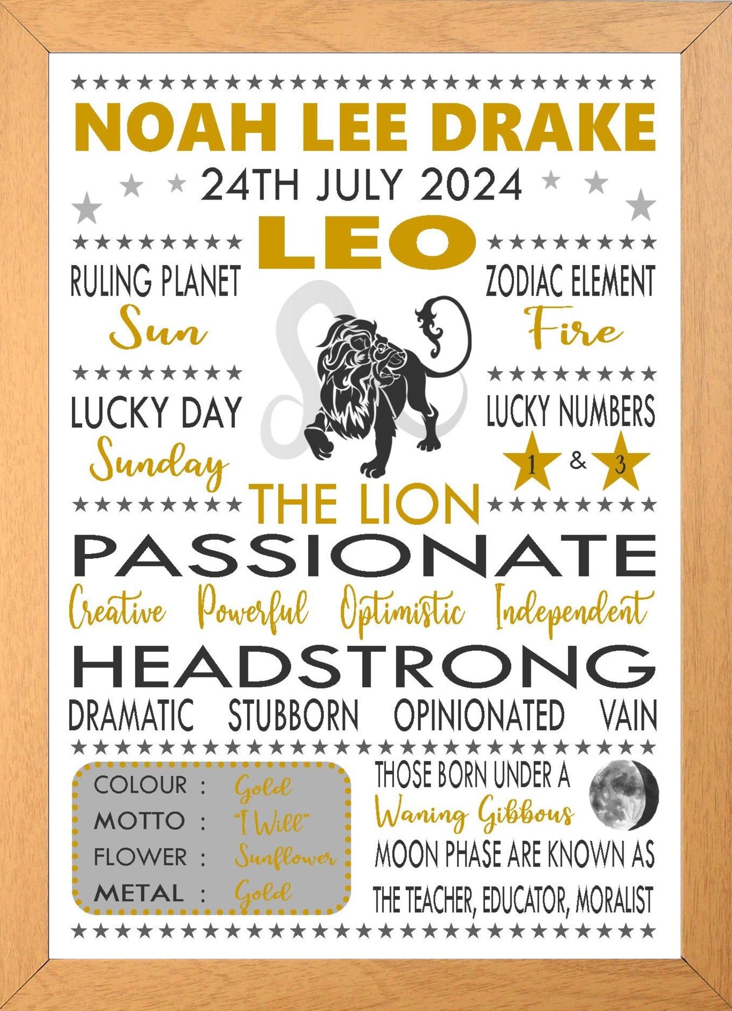 Personalised Leo Star Sign Zodiac Birthday Horoscope Print Poster
