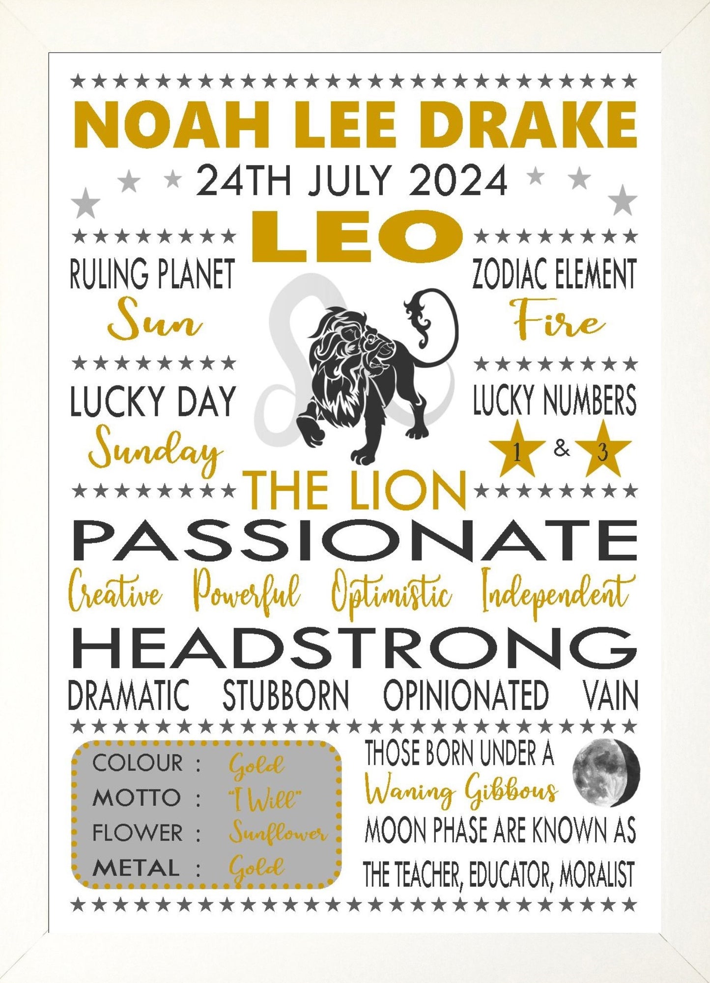Personalised Leo Star Sign Zodiac Birthday Horoscope Print Poster